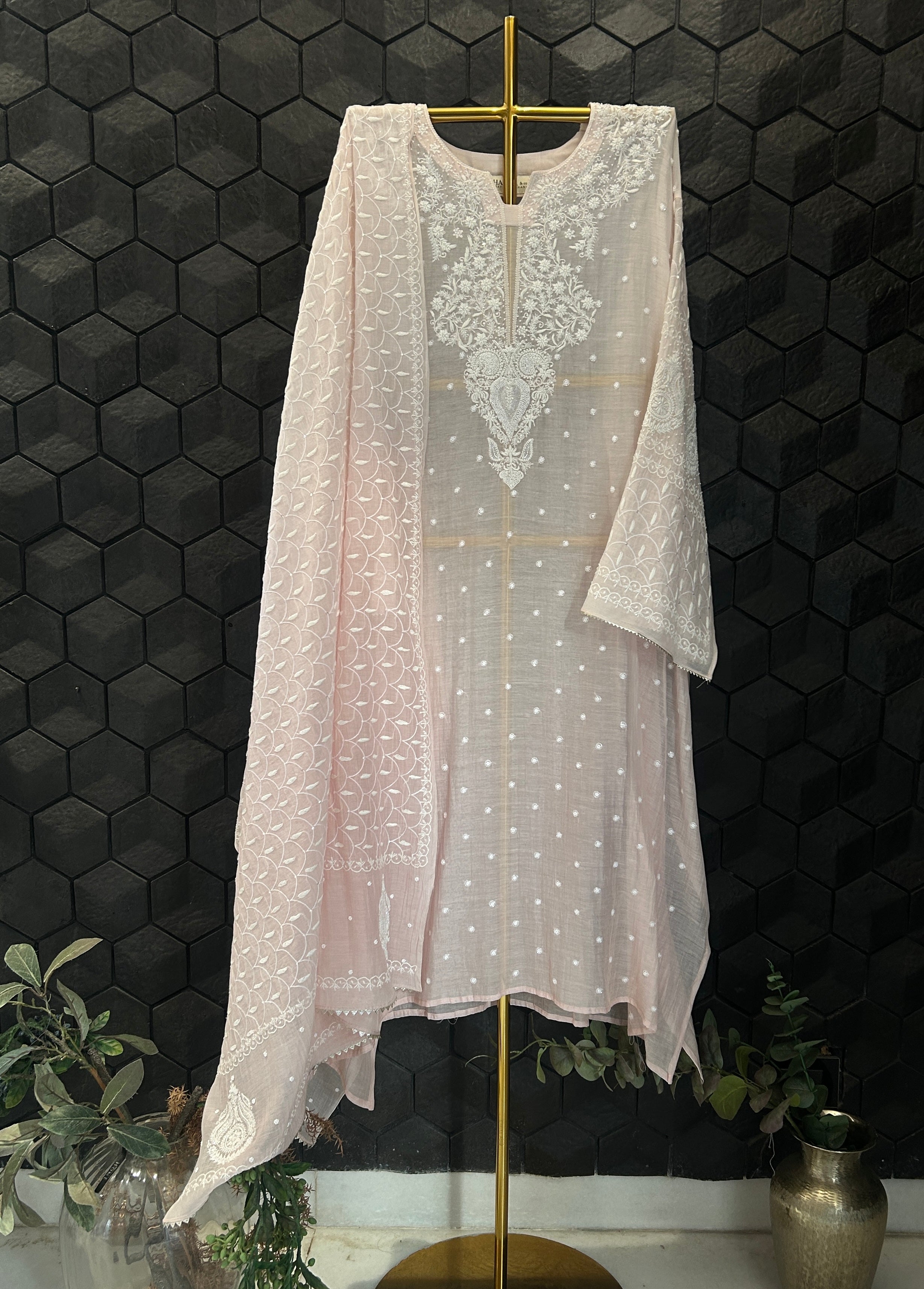Pink Mul chanderi chikankari kurta set