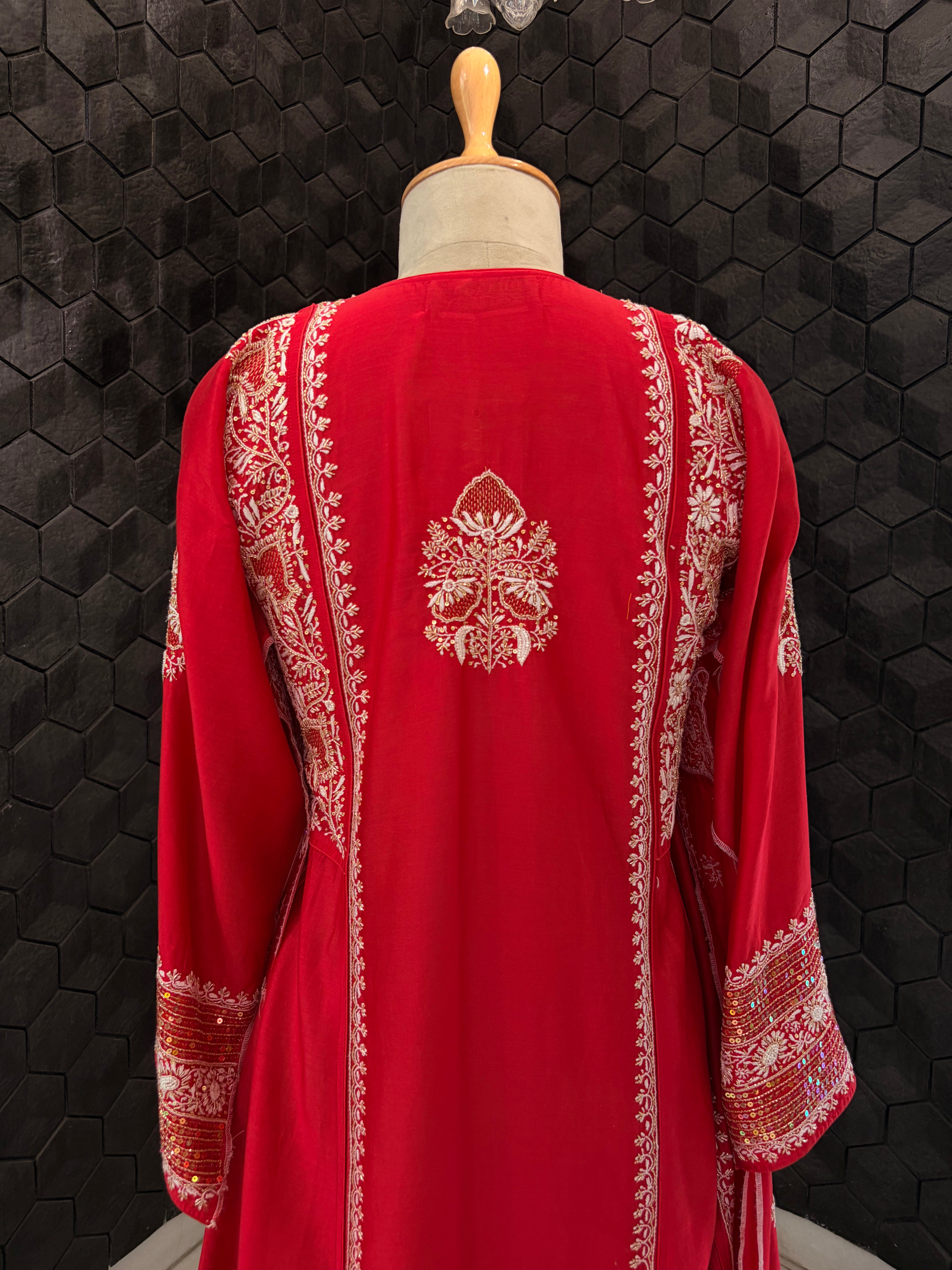 Red chanderi A-Line Chikankari Kurta Set