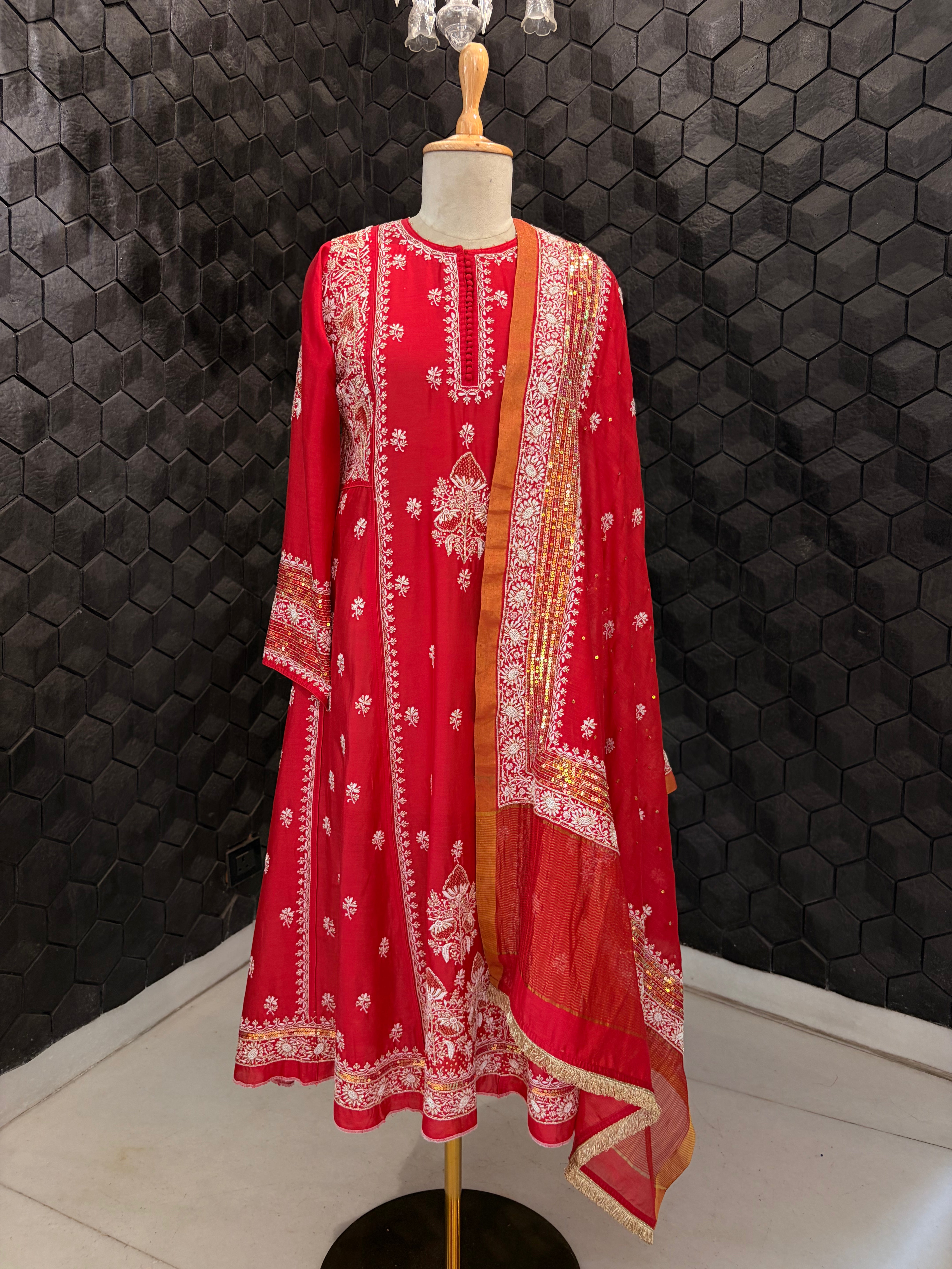 Red chanderi A-Line Chikankari Kurta Set
