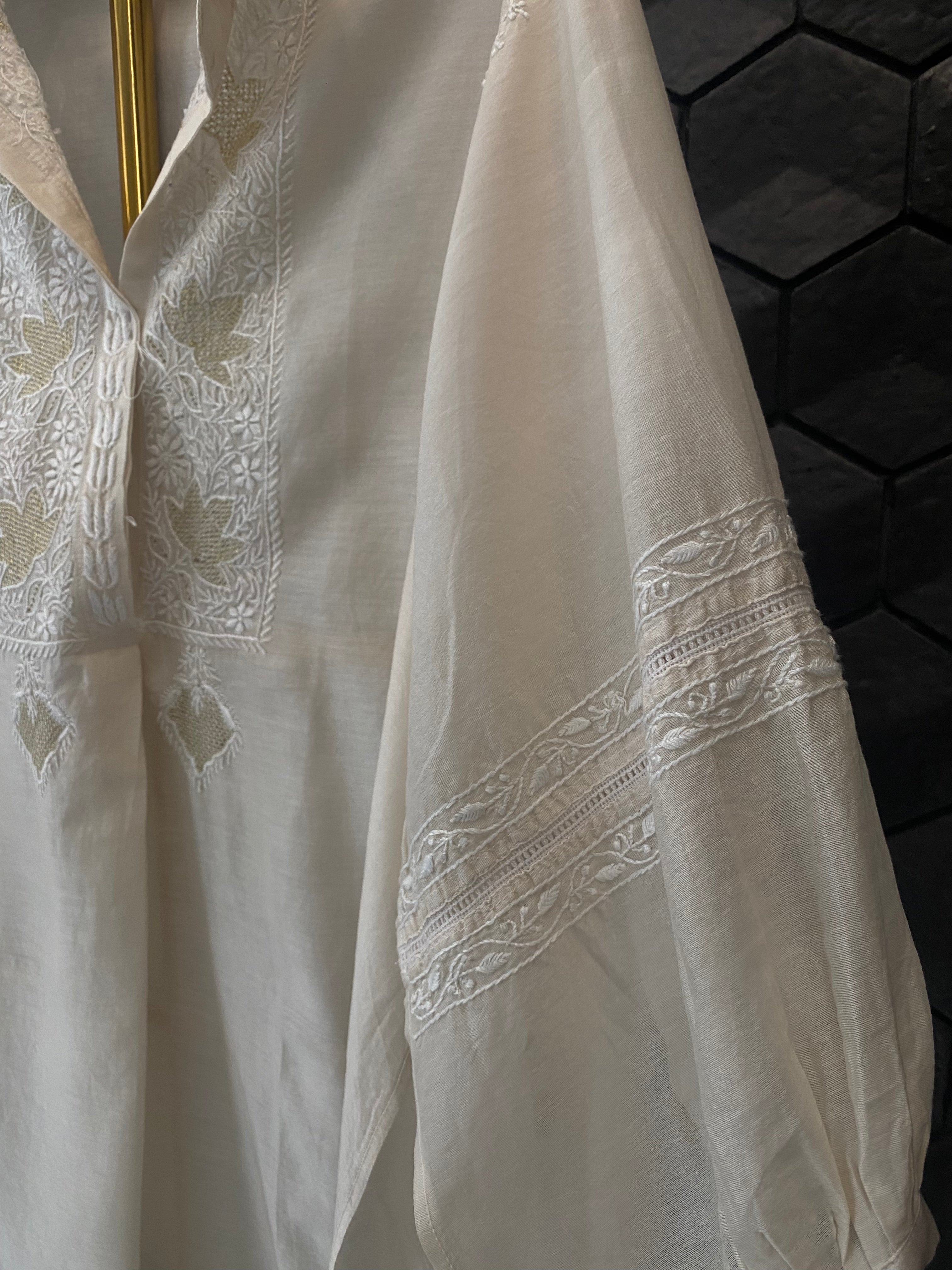 Beige Chanderi Chikankari Co-ord set