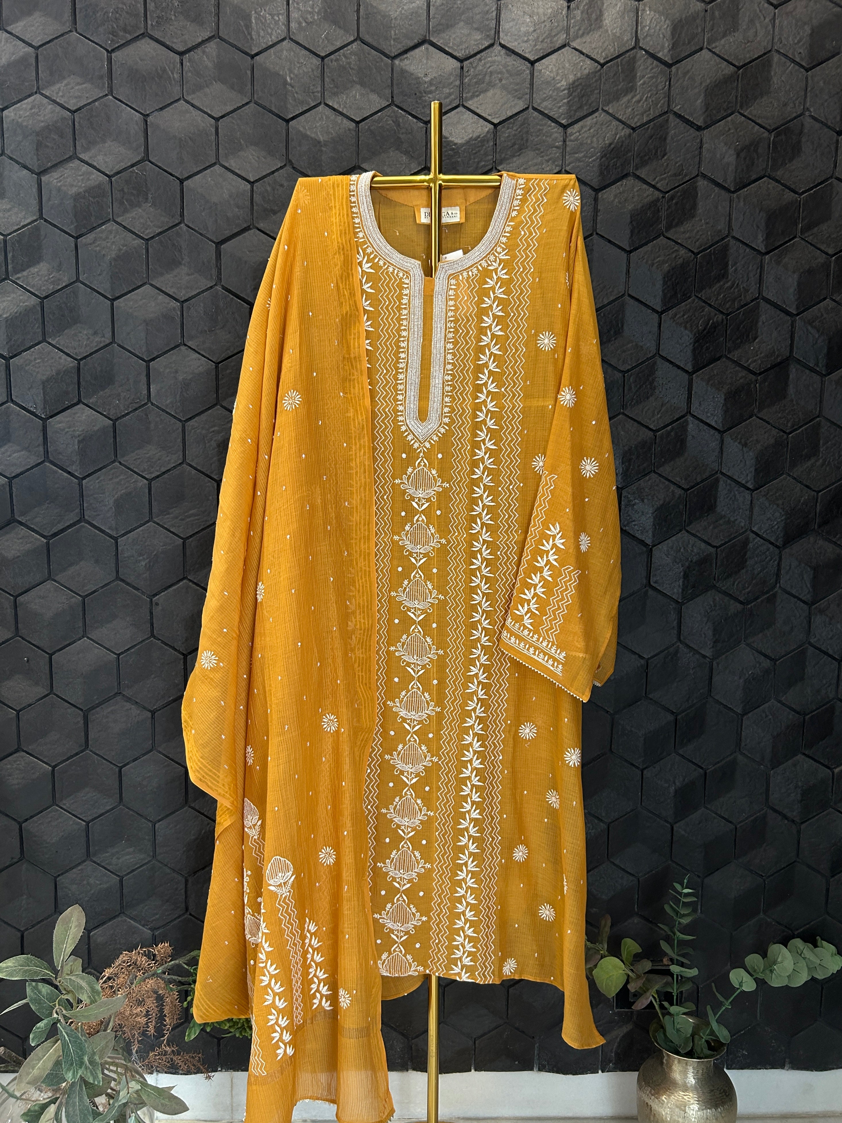 Mustard Maheshwari Chikankari Kurta Set