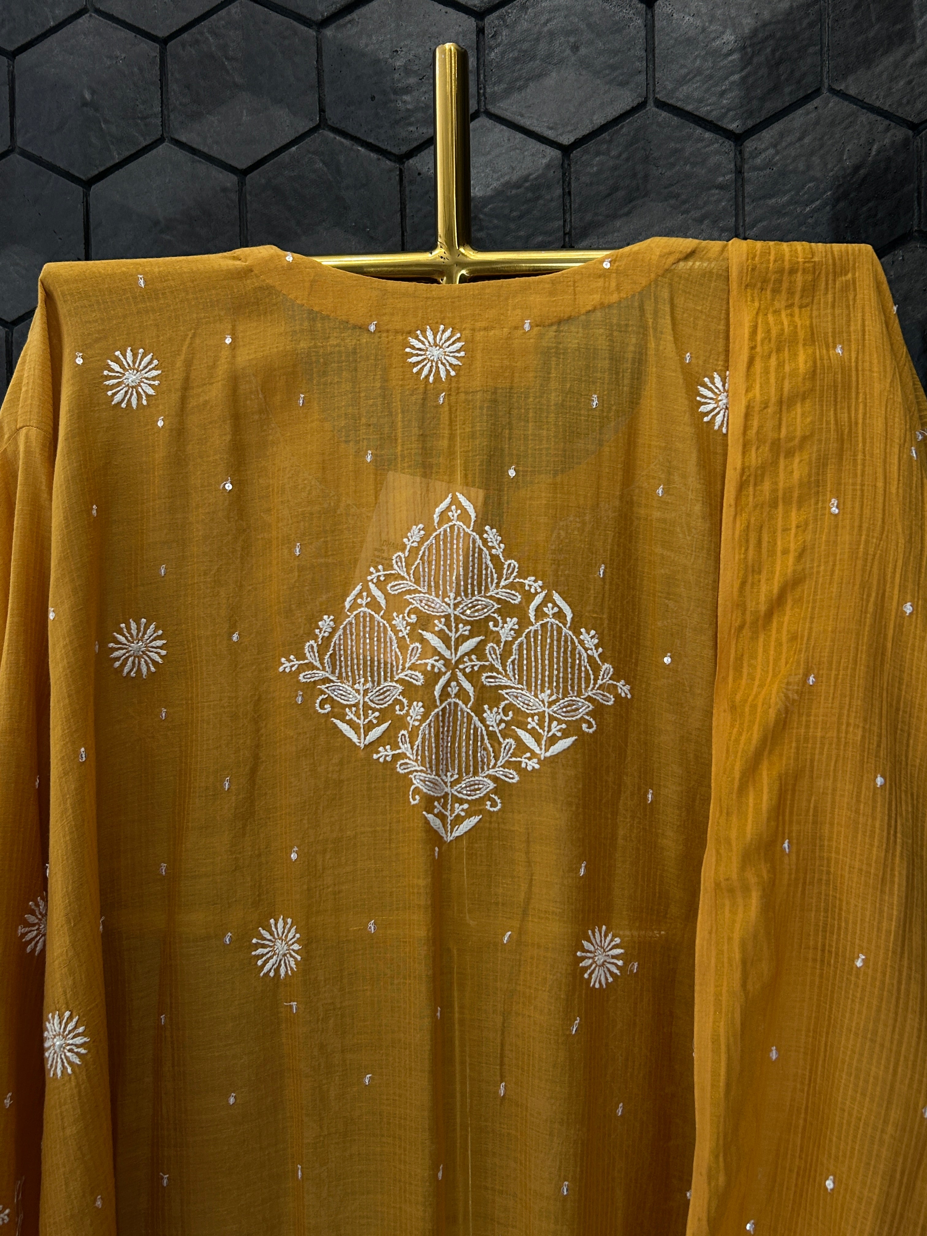 Mustard Maheshwari Chikankari Kurta Set