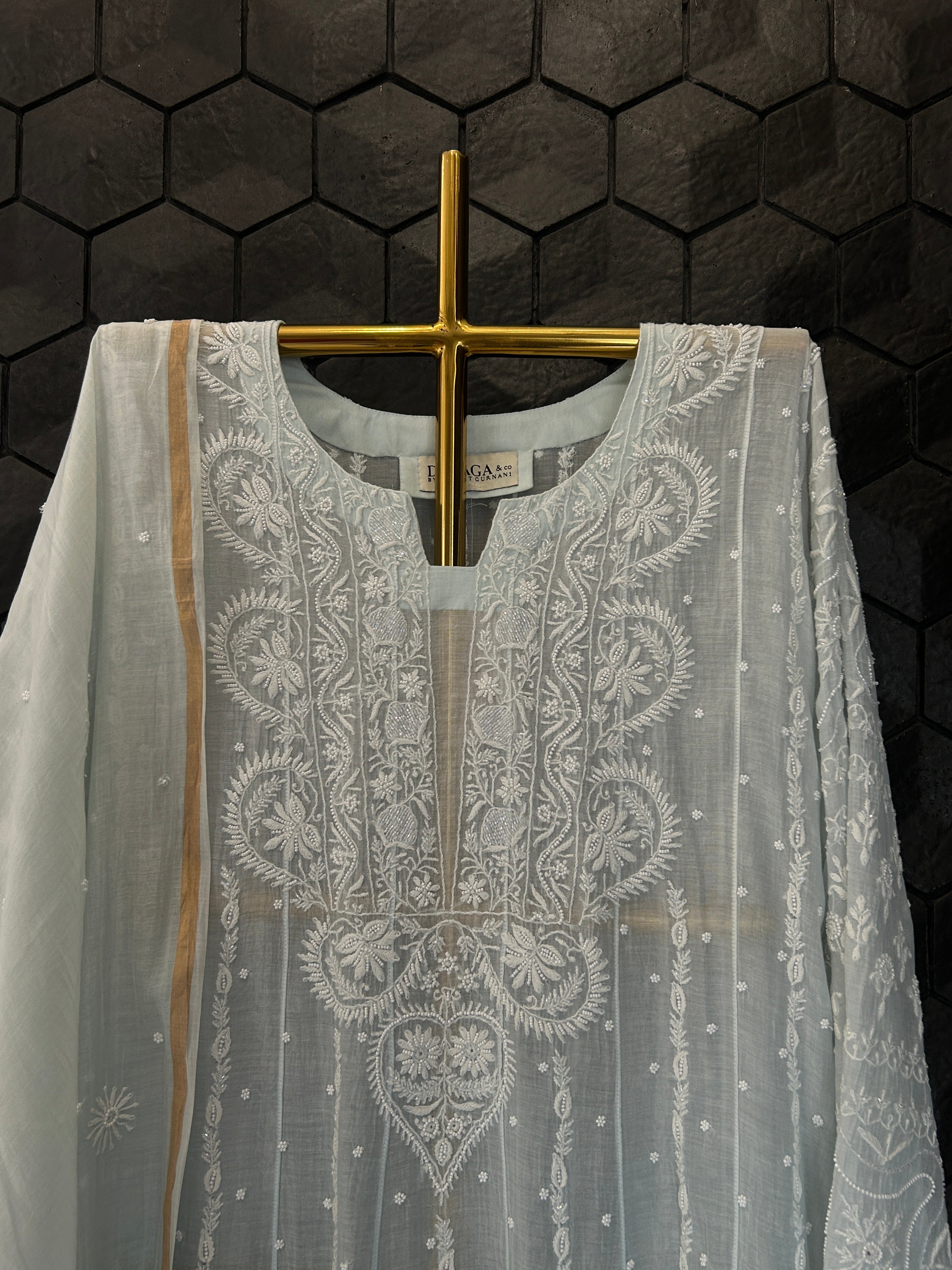 Blue Mul Chanderi Chikankari Anarkali Set