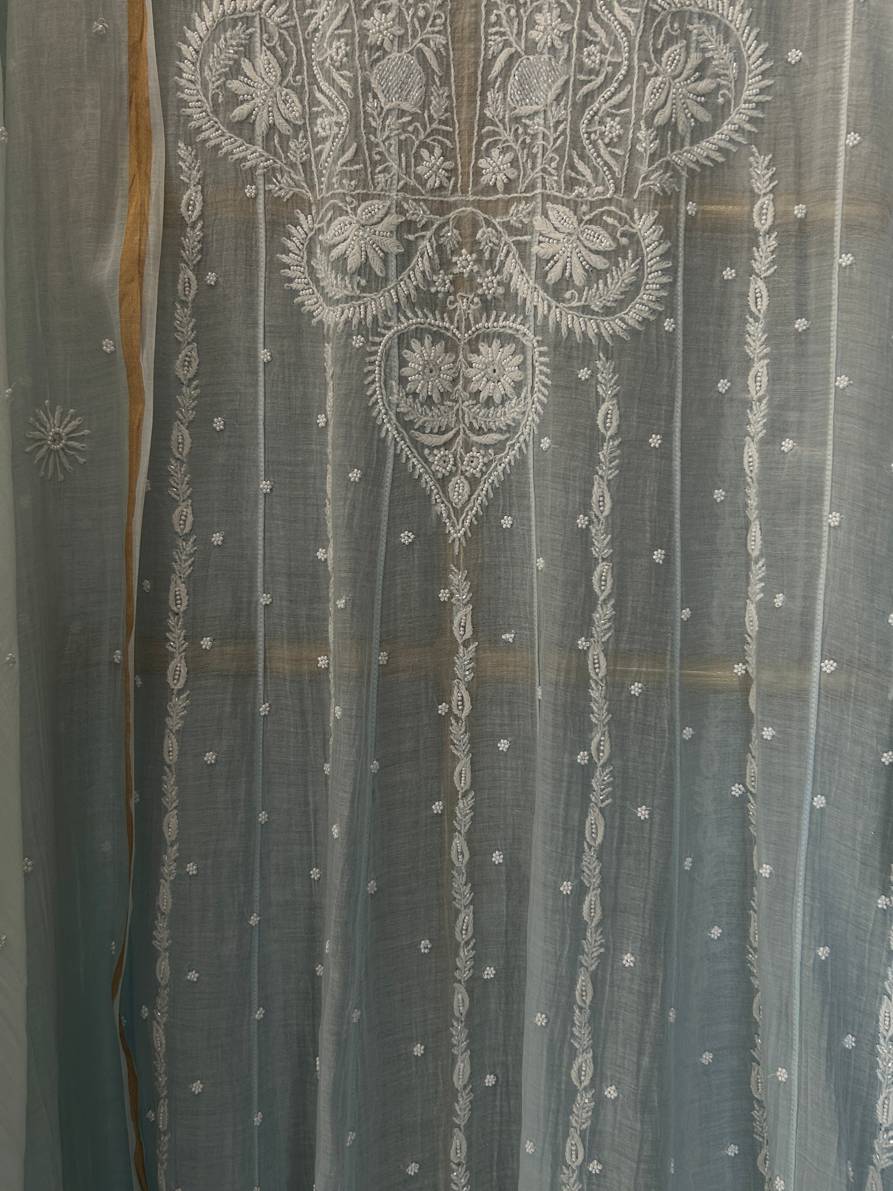 Blue Mul Chanderi Chikankari Anarkali Set