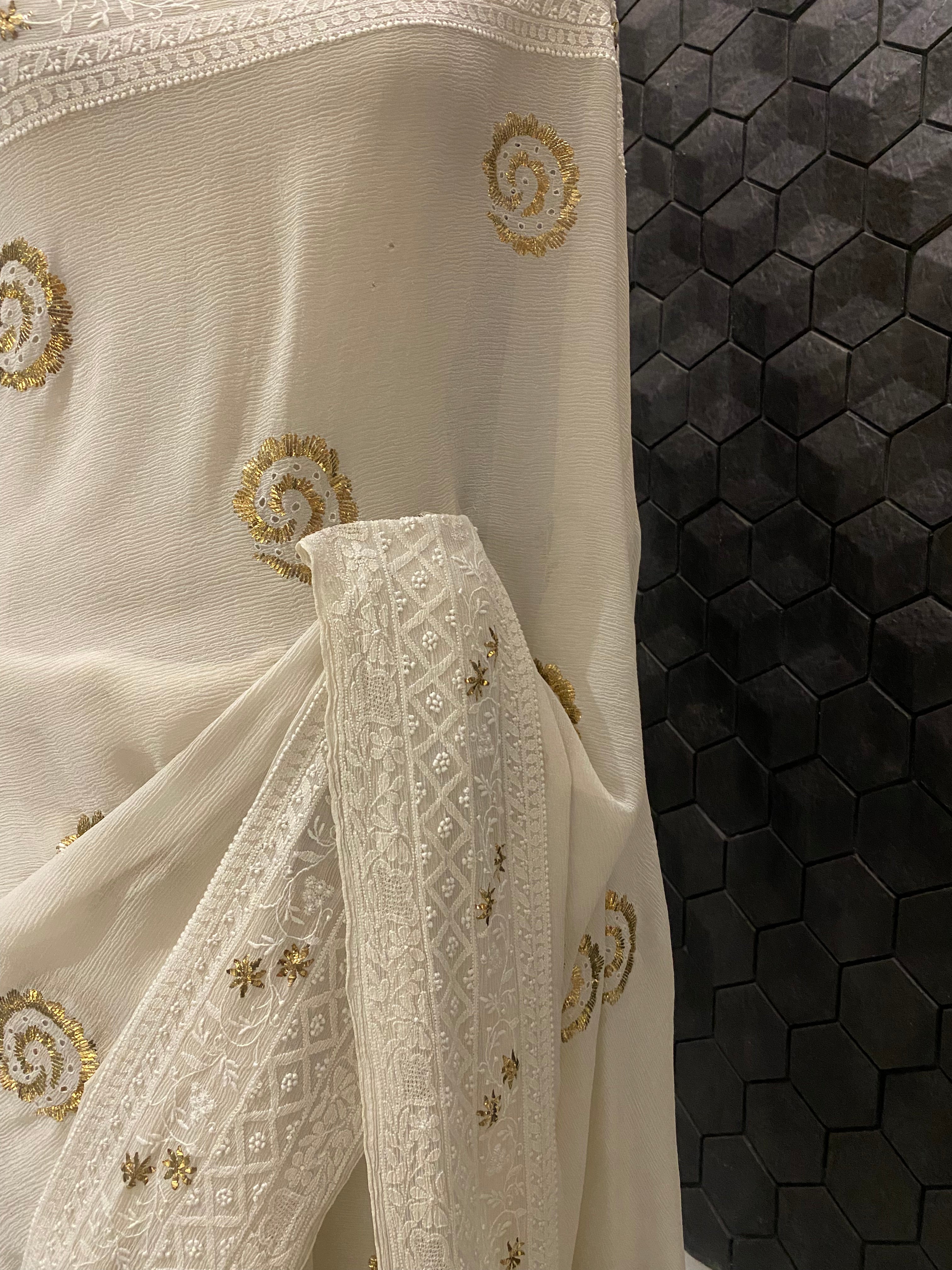 Premium White Chiffon Chikankari Saree with statement Pitta Embroidery And  Haath ki Jaali