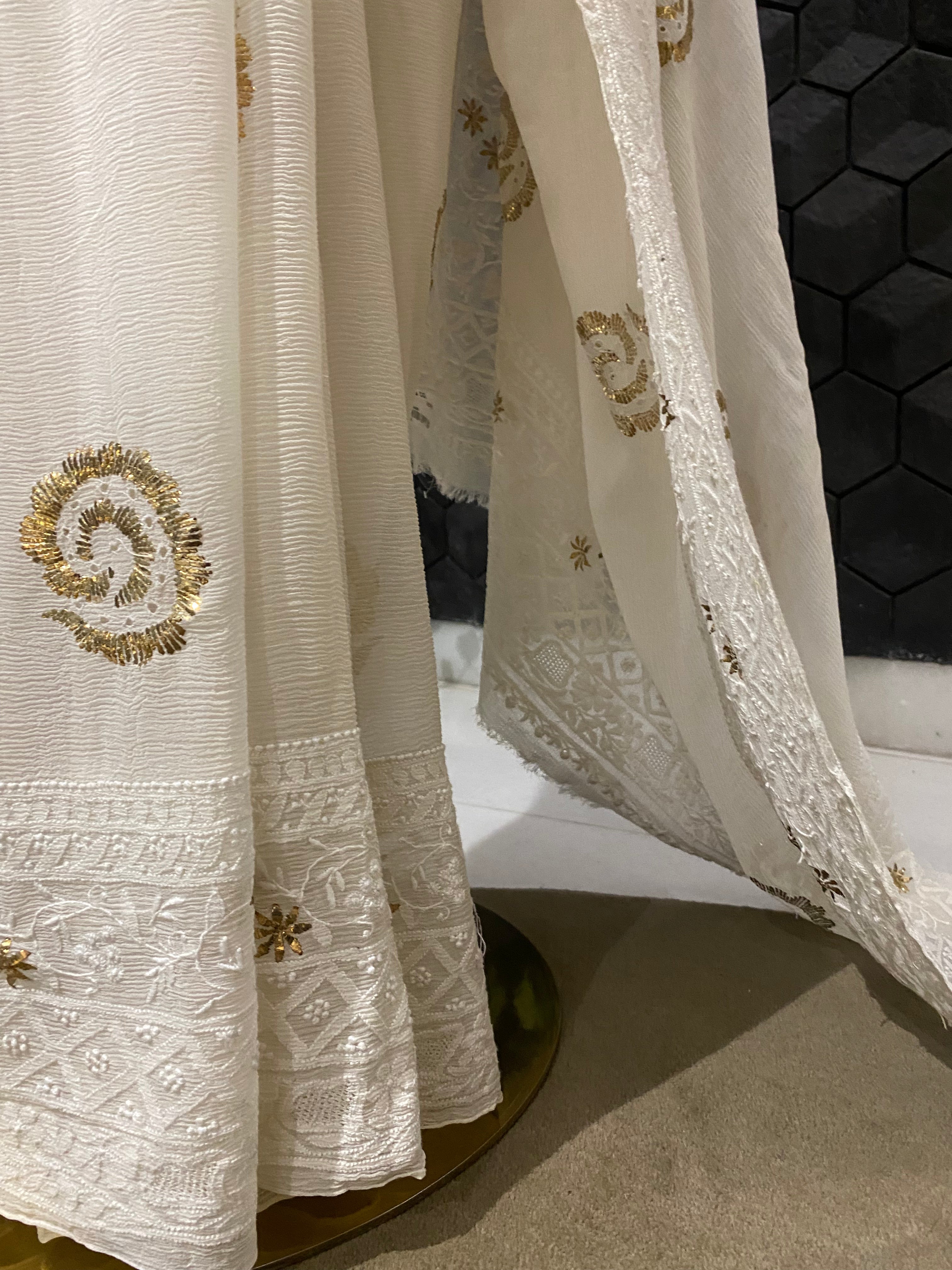 Premium White Chiffon Chikankari Saree with statement Pitta Embroidery And  Haath ki Jaali