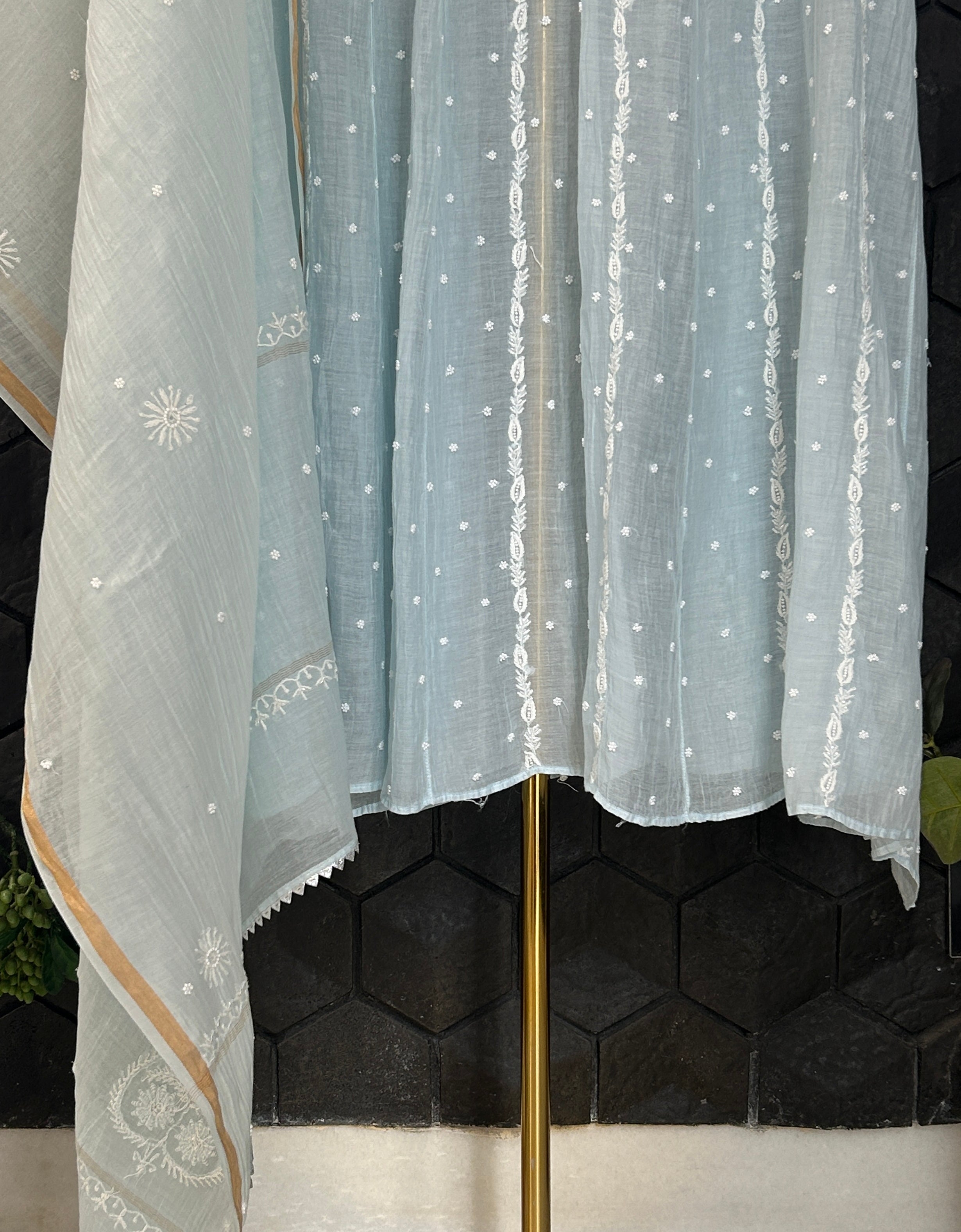 Blue Mul Chanderi Chikankari Anarkali Set