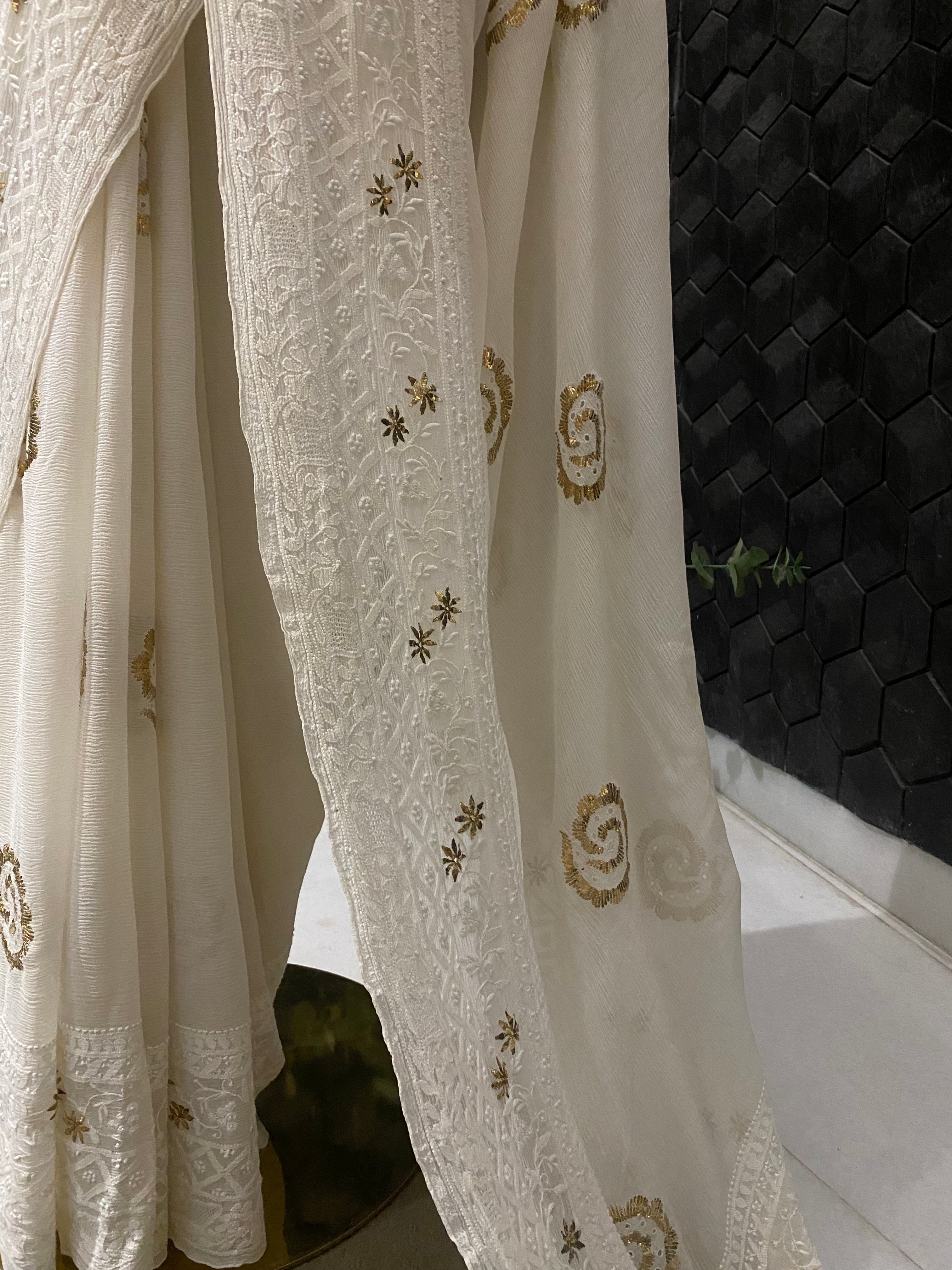 Premium White Chiffon Chikankari Saree with statement Pitta Embroidery And  Haath ki Jaali