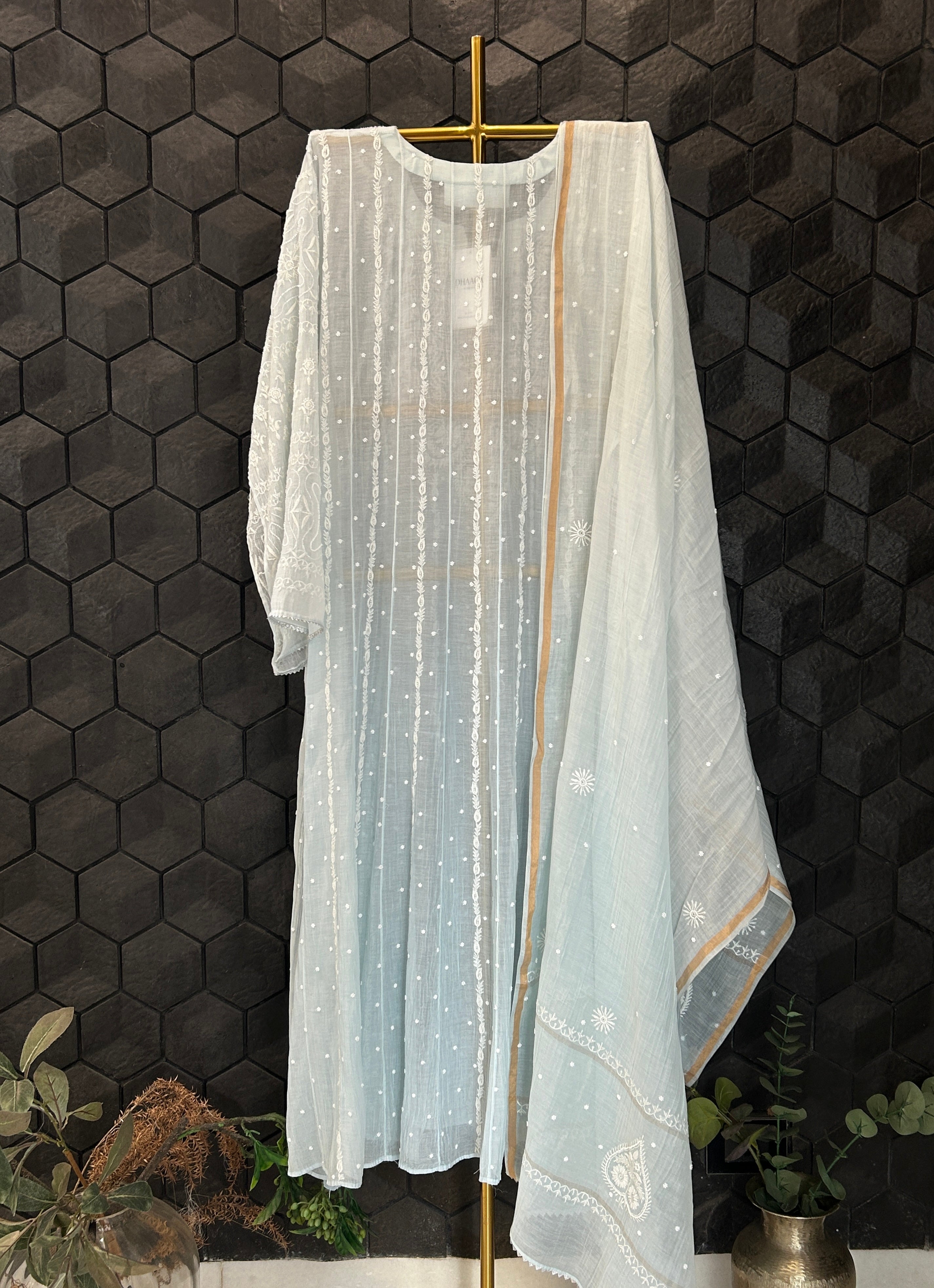 Blue Mul Chanderi Chikankari Anarkali Set