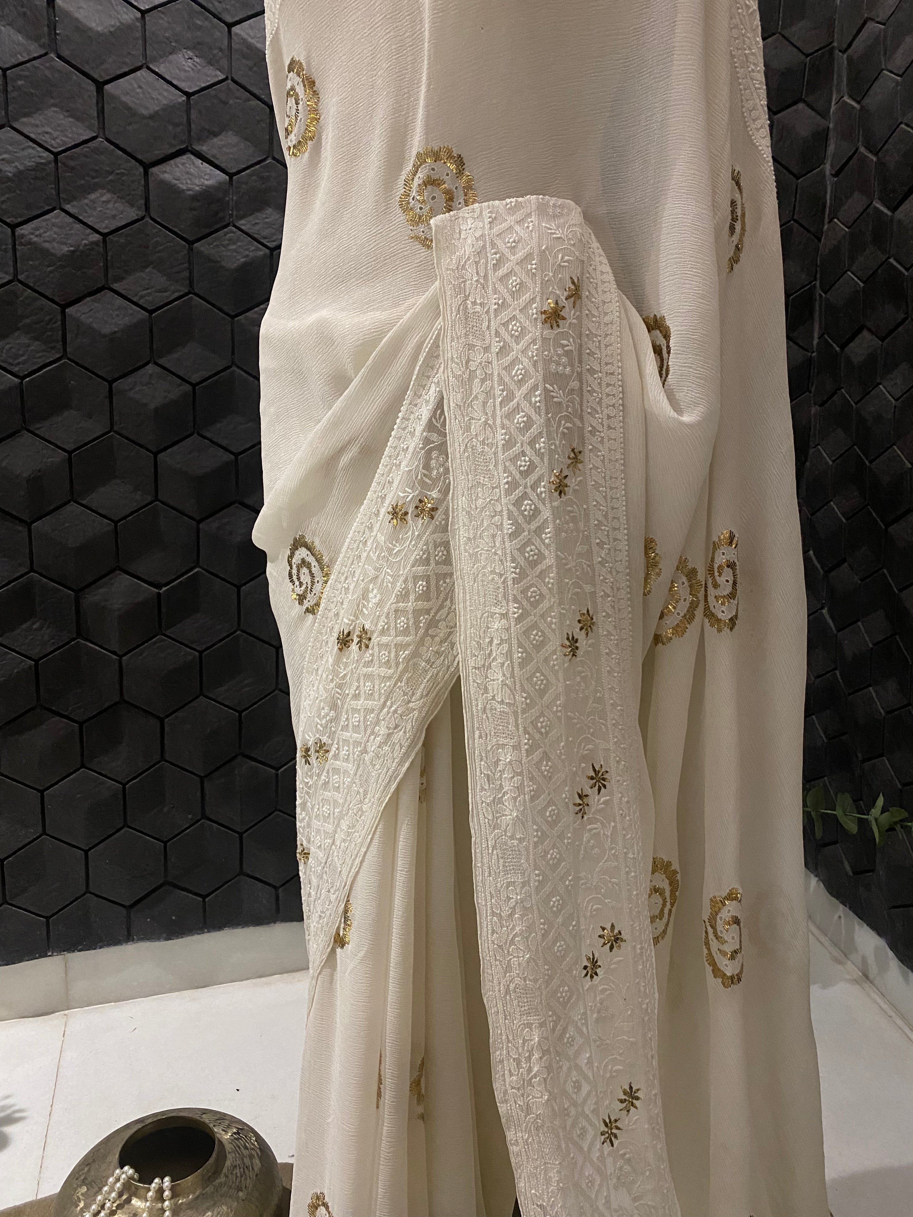 Premium White Chiffon Chikankari Saree with statement Pitta Embroidery And  Haath ki Jaali