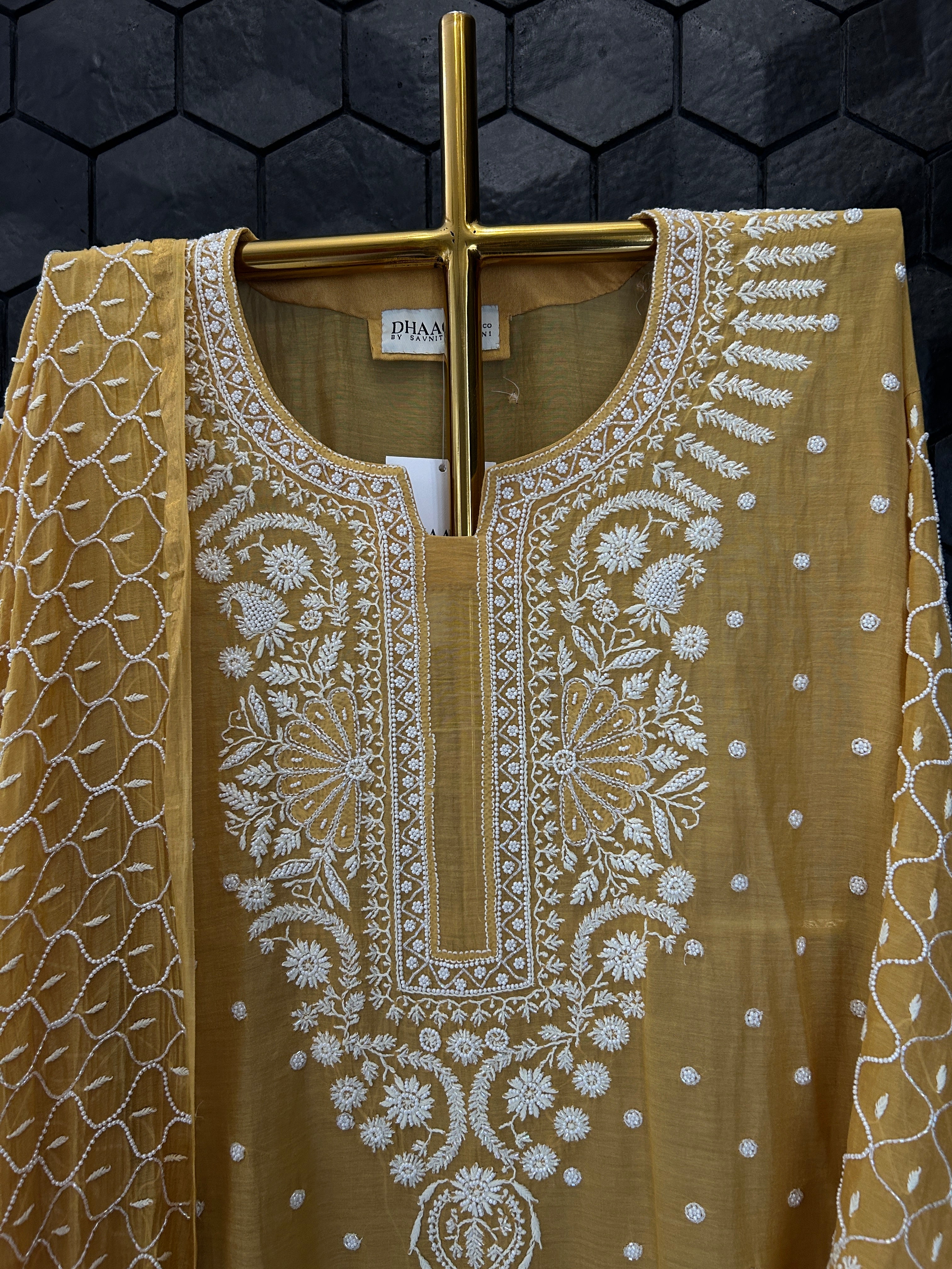 Mustard Mul Chanderi Chikankari Kurta Set