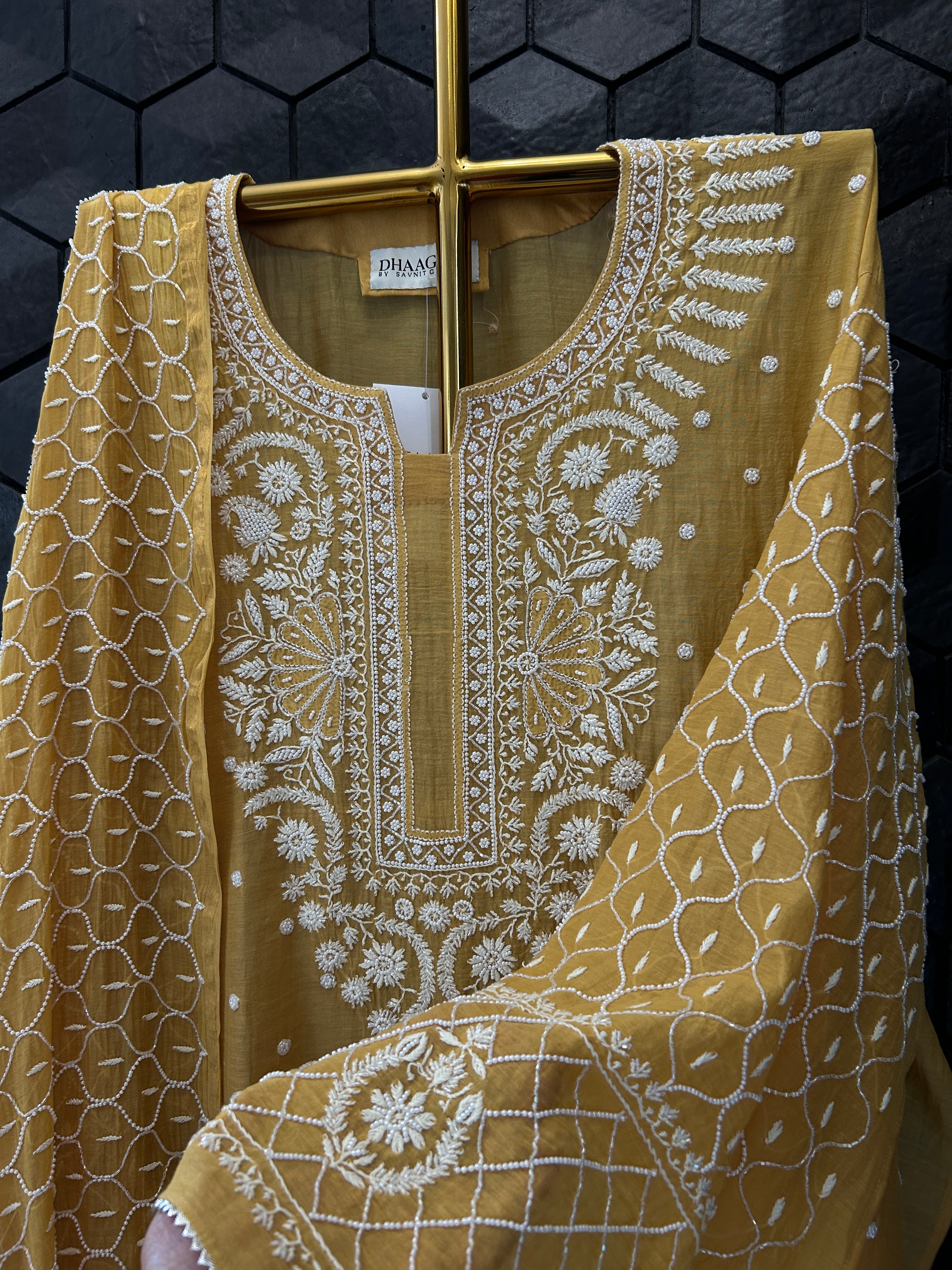 Mustard Mul Chanderi Chikankari Kurta Set
