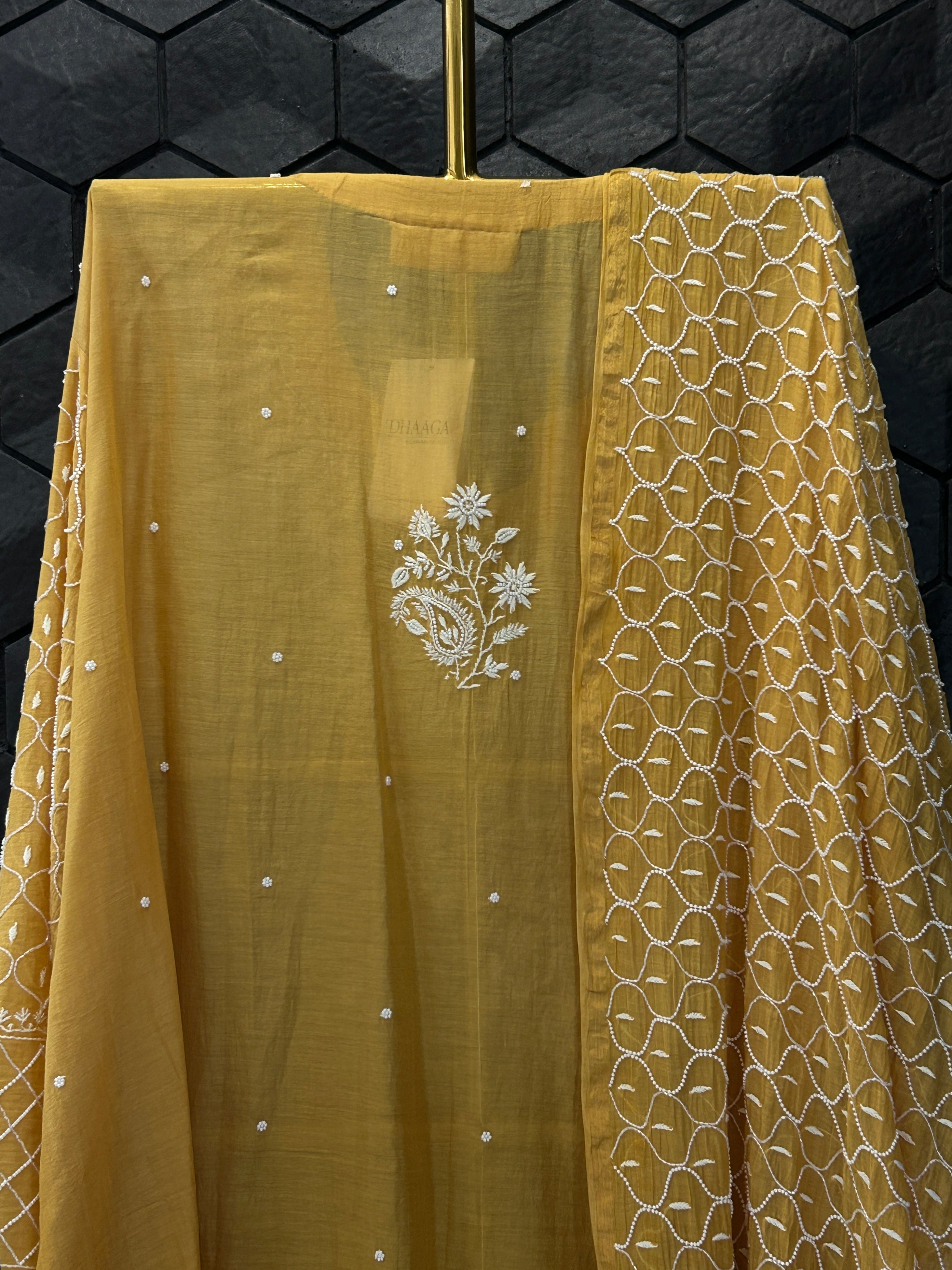 Mustard Mul Chanderi Chikankari Kurta Set