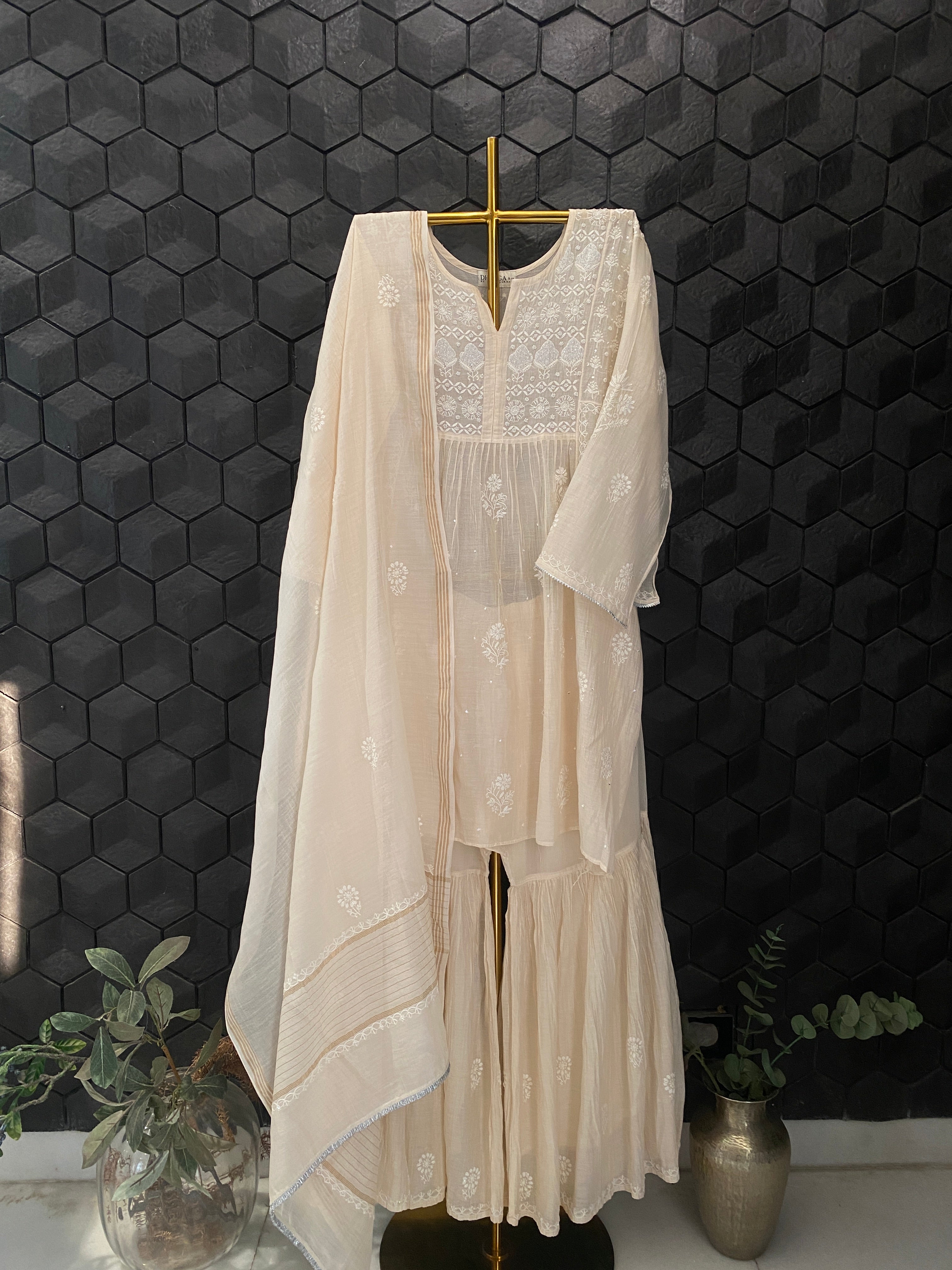 Beige Mul Chanderi Chikankari Garara Set