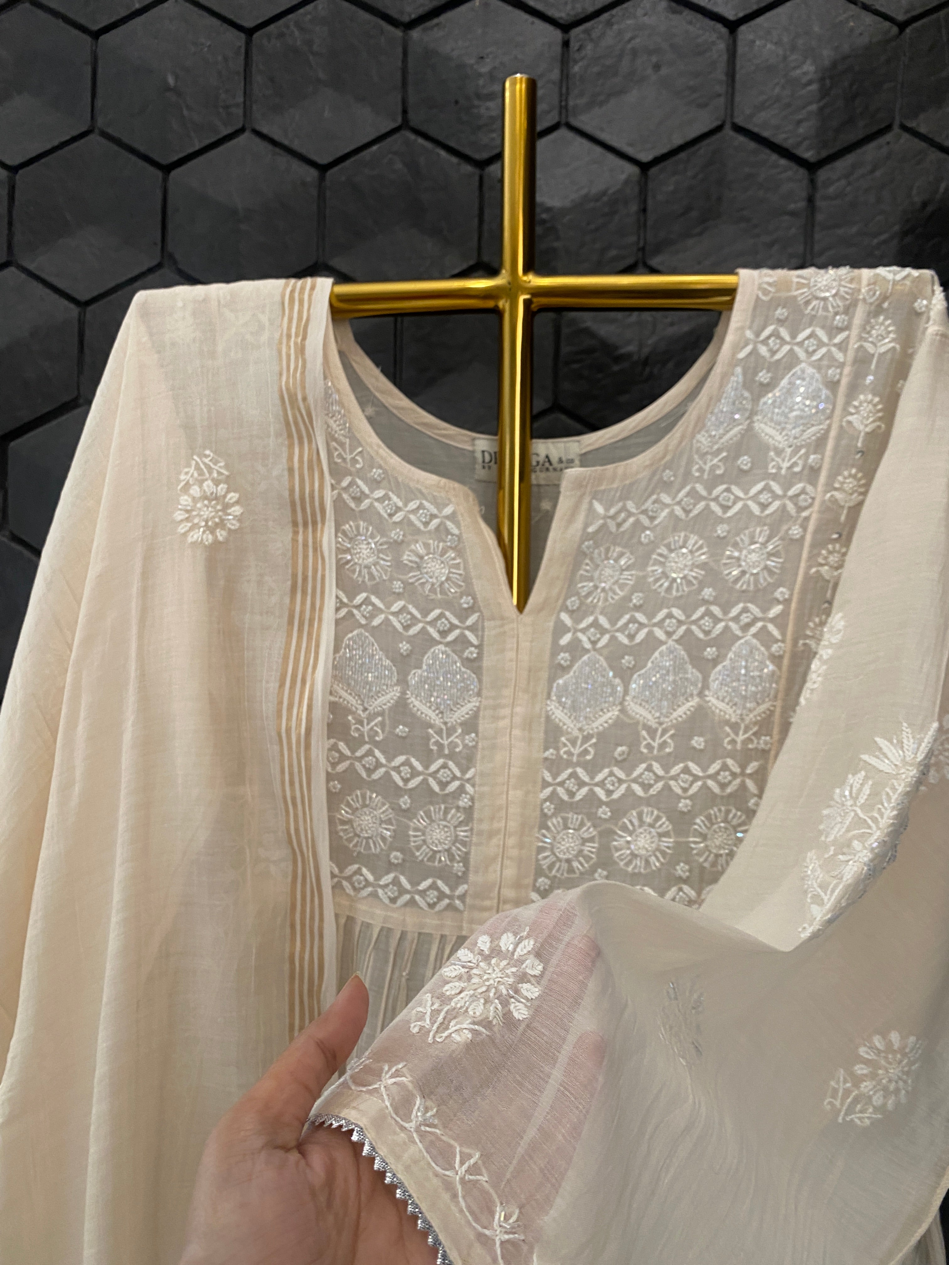 Beige Mul Chanderi Chikankari Garara Set