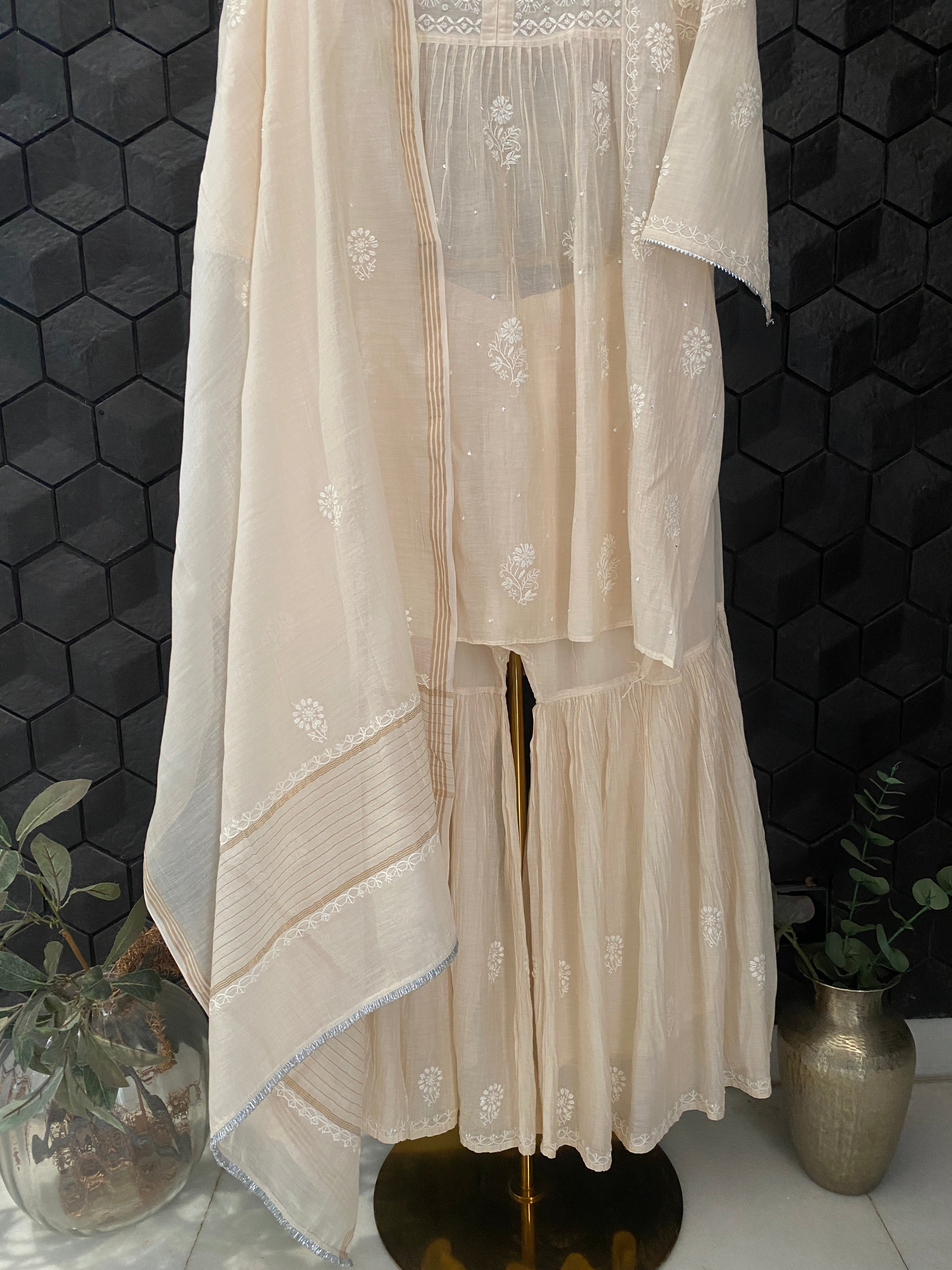 Beige Mul Chanderi Chikankari Garara Set