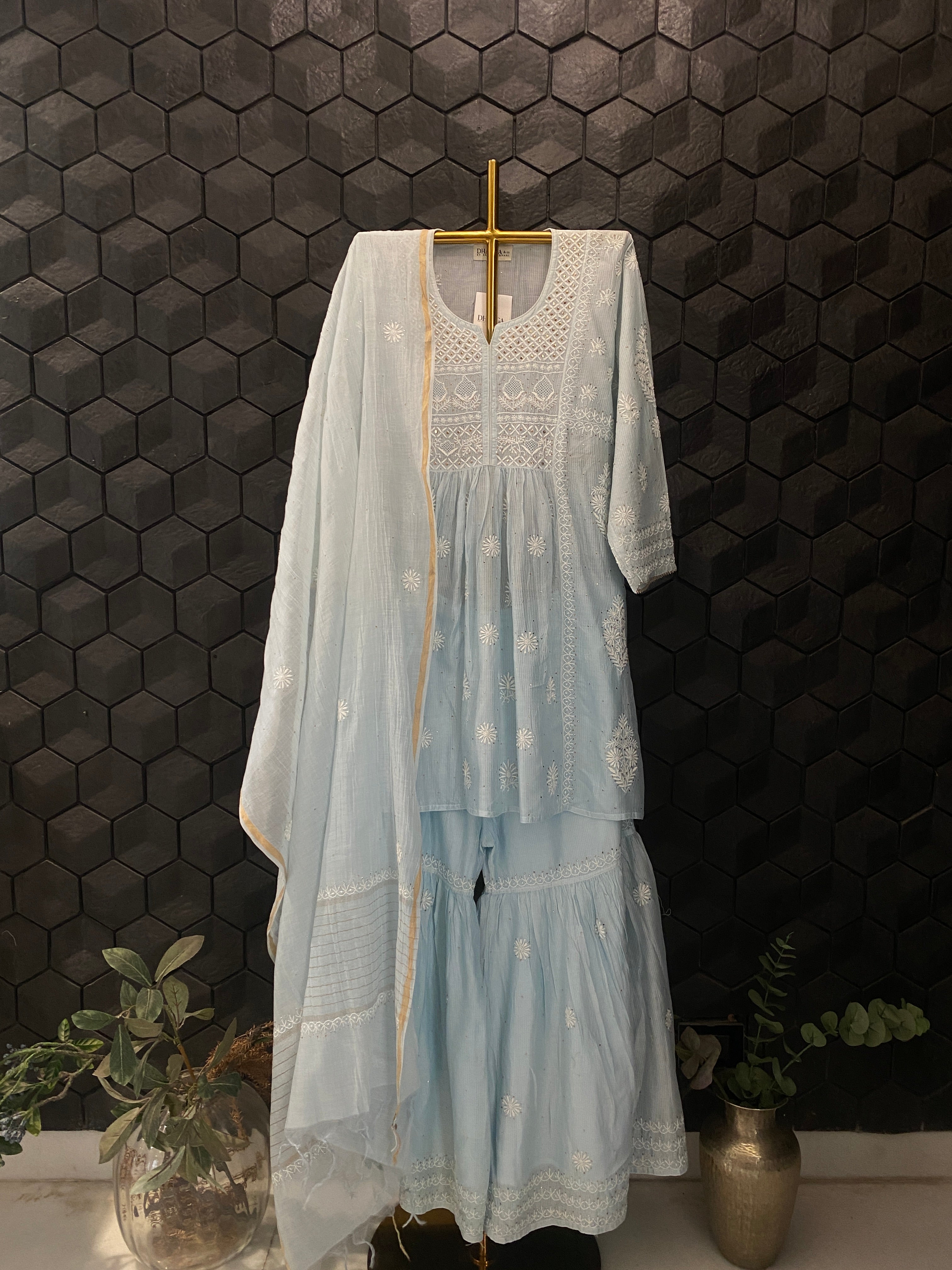 Blue Mul Chanderi Chikankari Garara Set