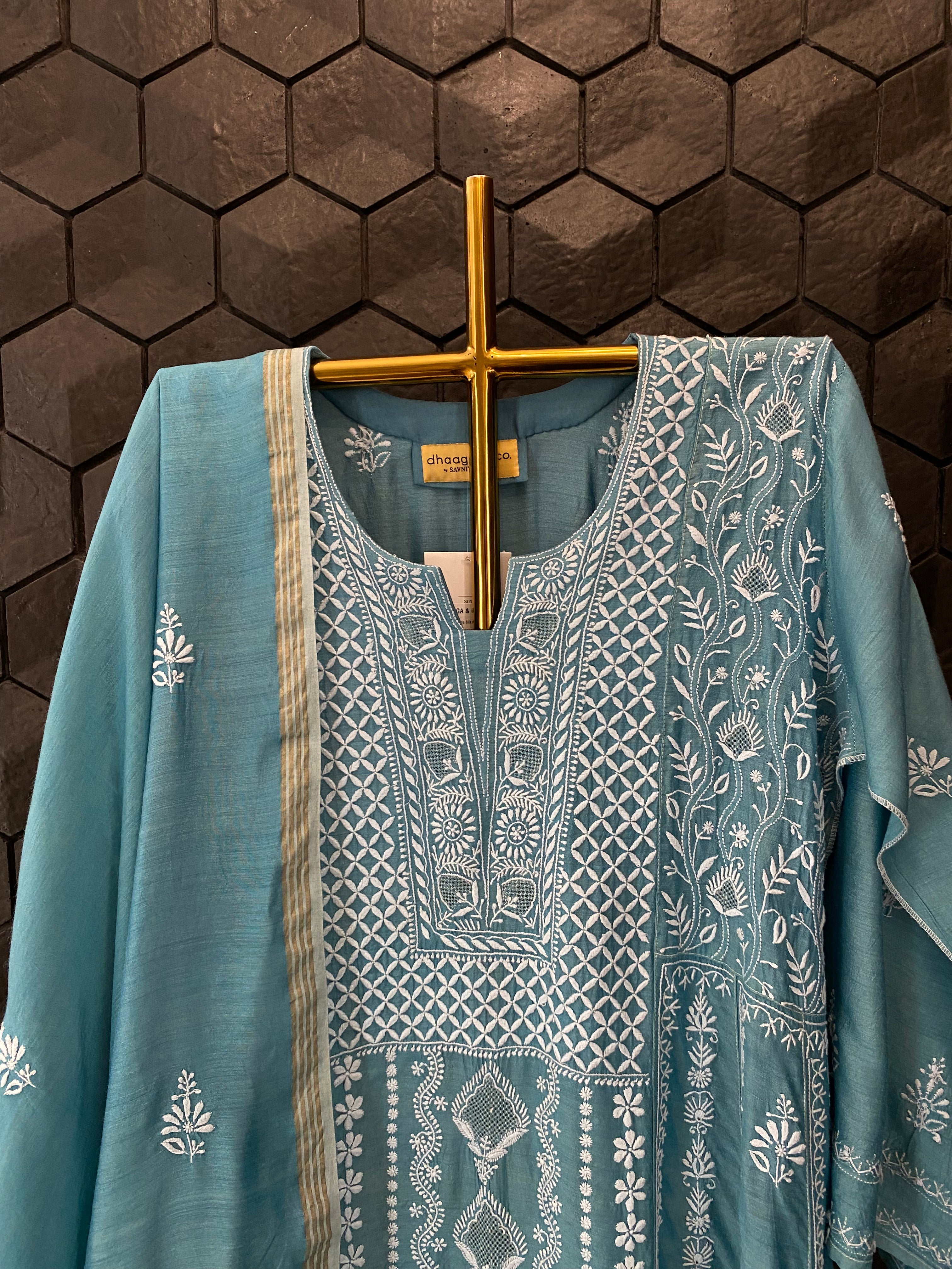 Teal Blue Munga Silk Chikankari Anarkali Set