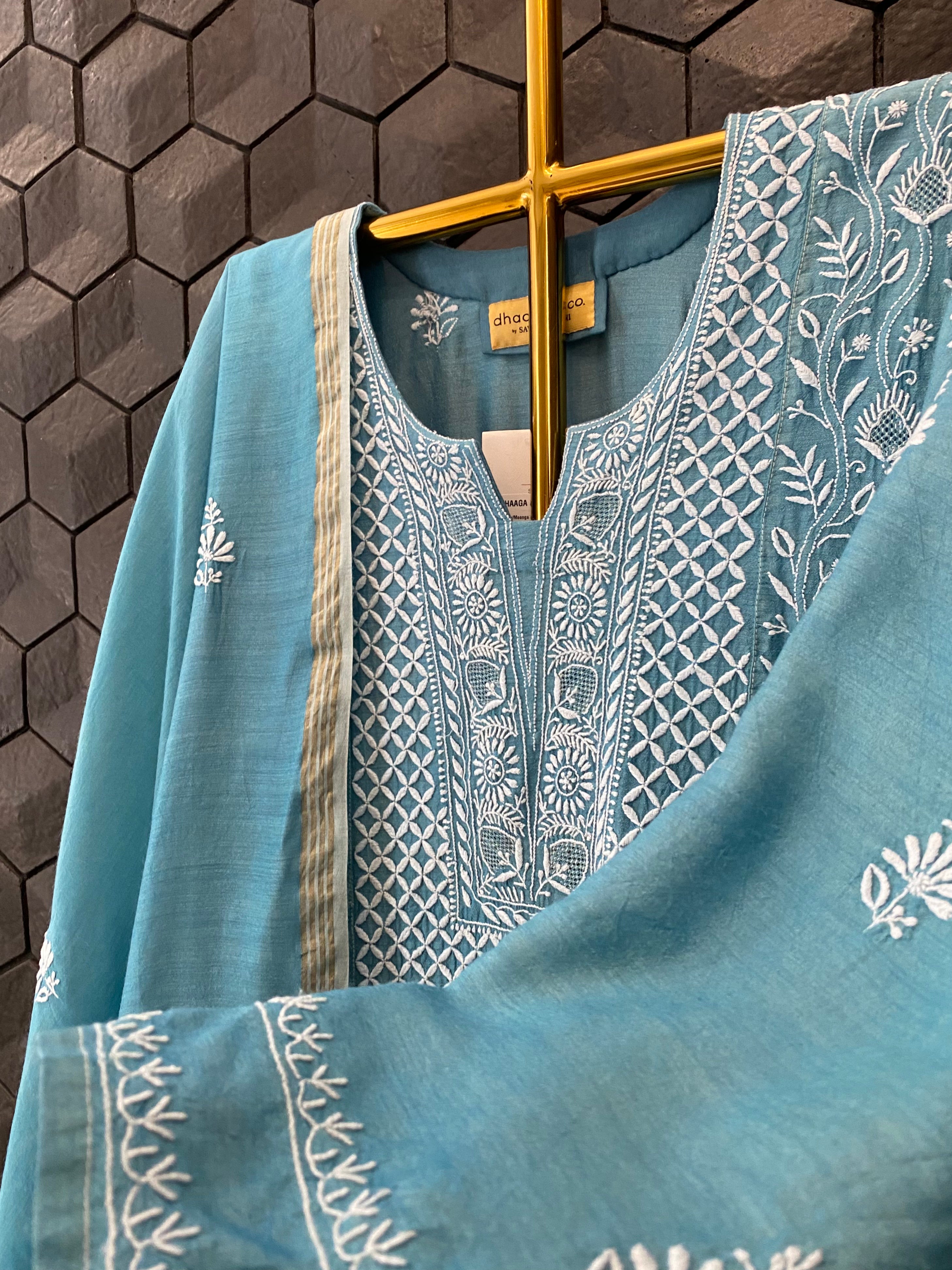 Teal Blue Munga Silk Chikankari Anarkali Set