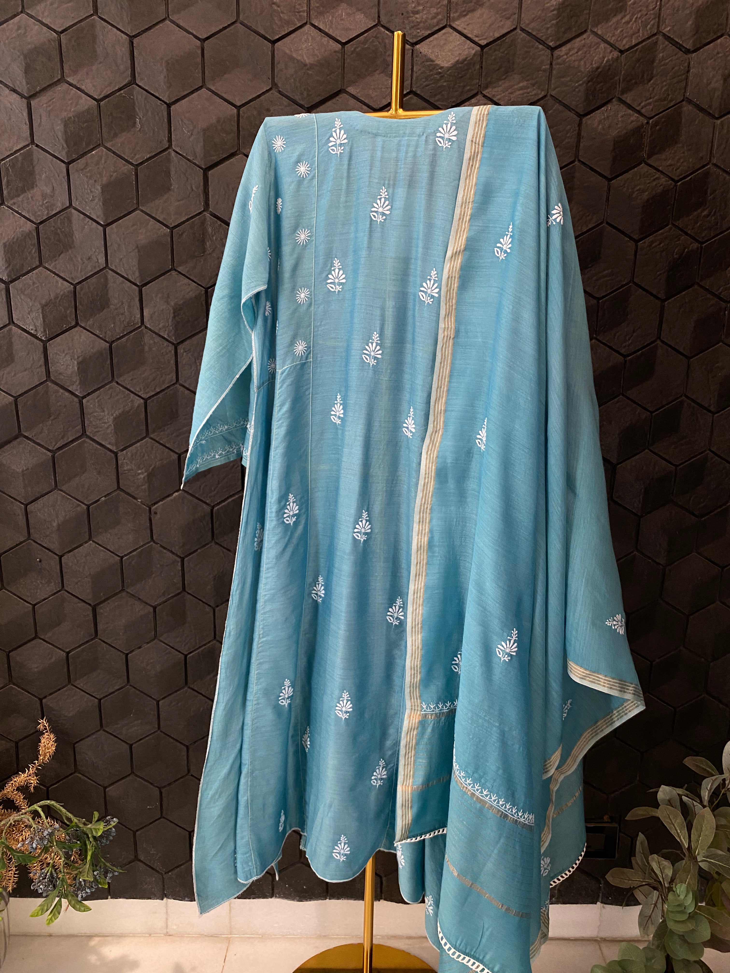 Teal Blue Munga Silk Chikankari Anarkali Set