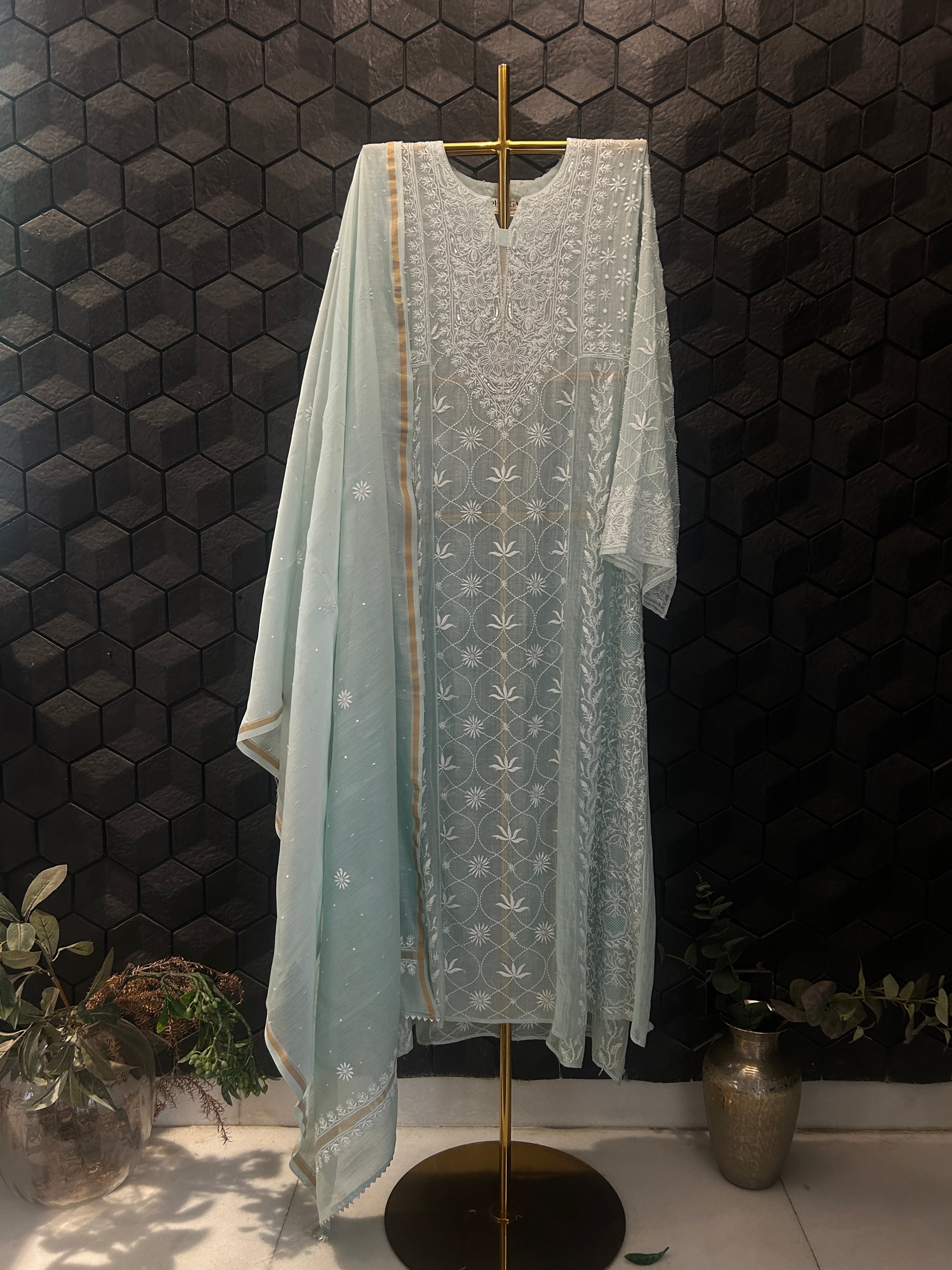 Blue Mul Chanderi Chikankari Anarkali Set