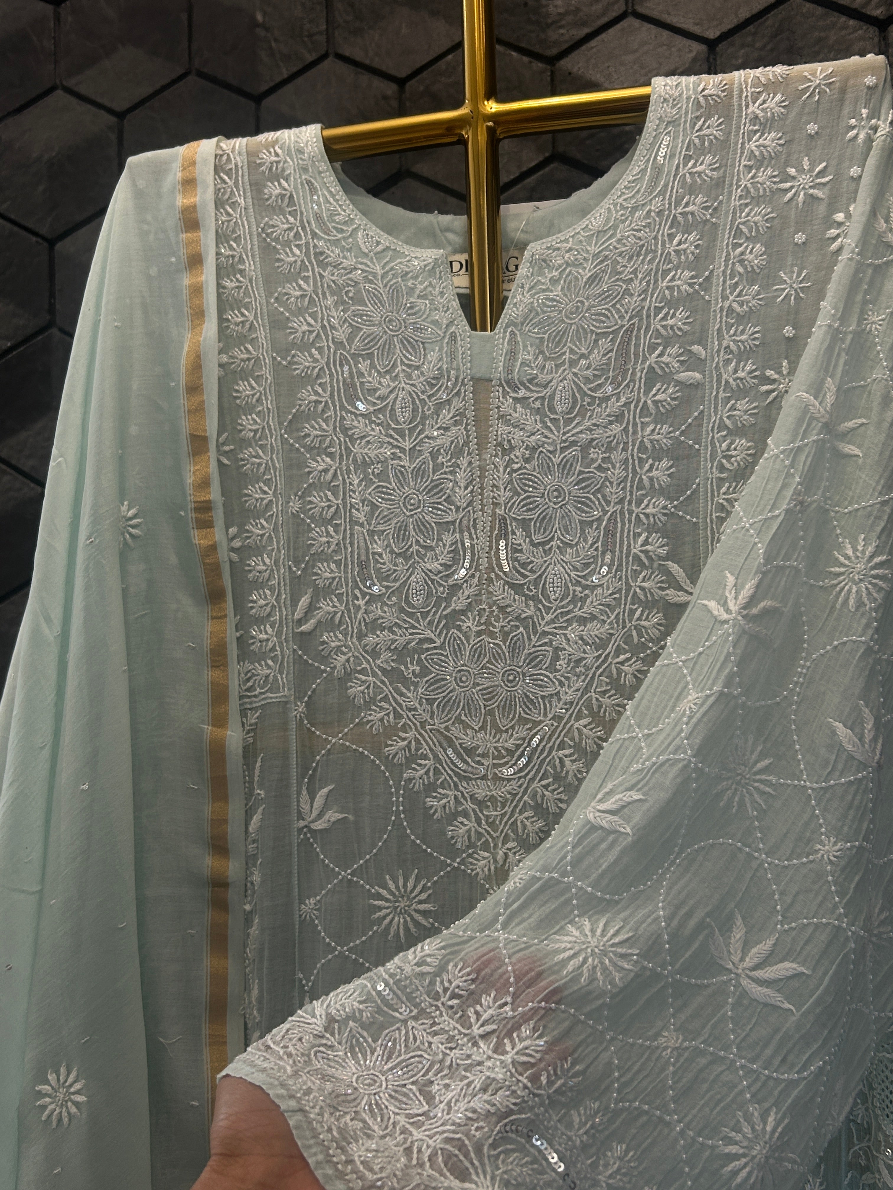 Blue Mul Chanderi Chikankari Anarkali Set