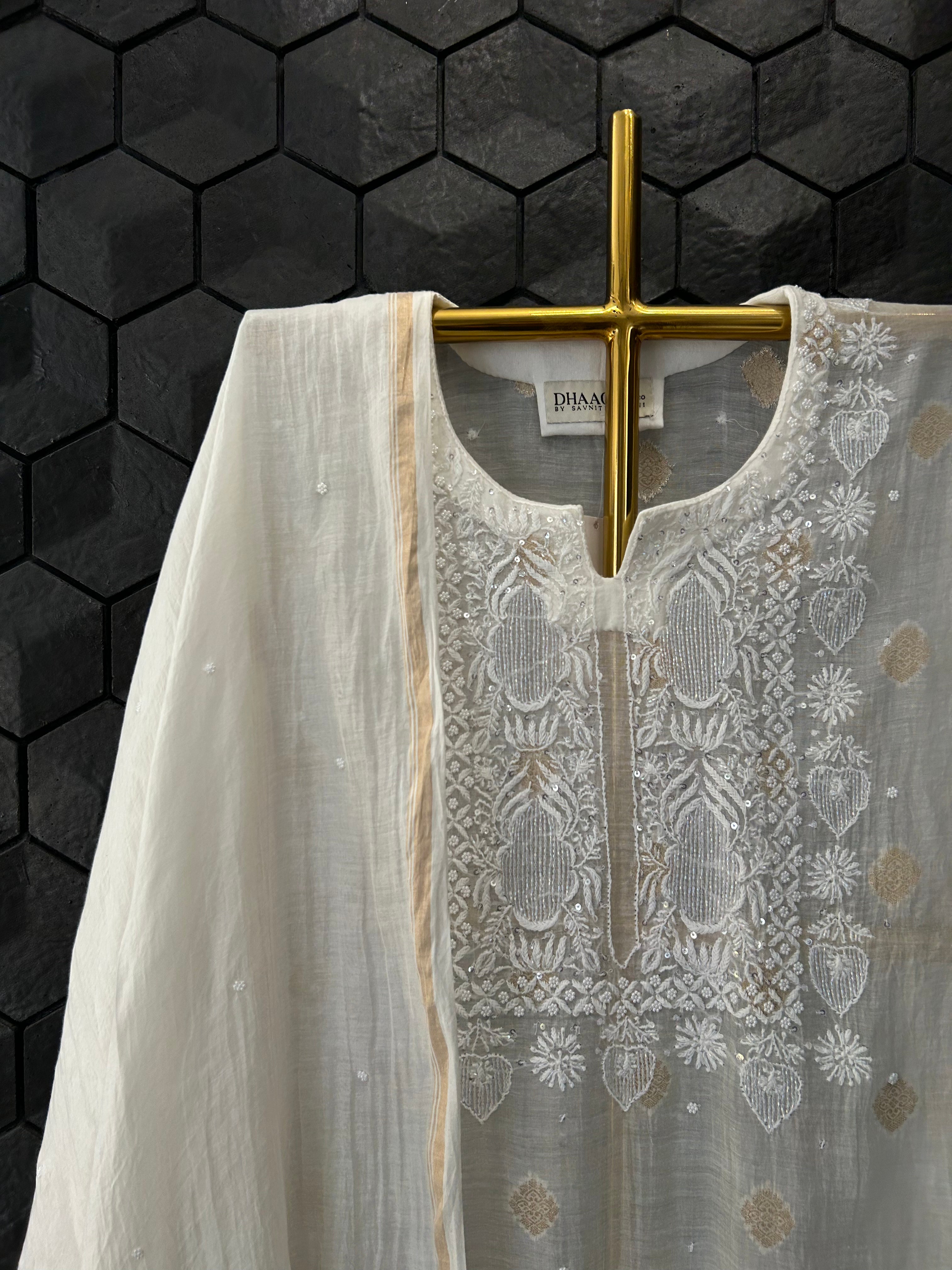 White Mul Chanderi Chikankari Kurta Set