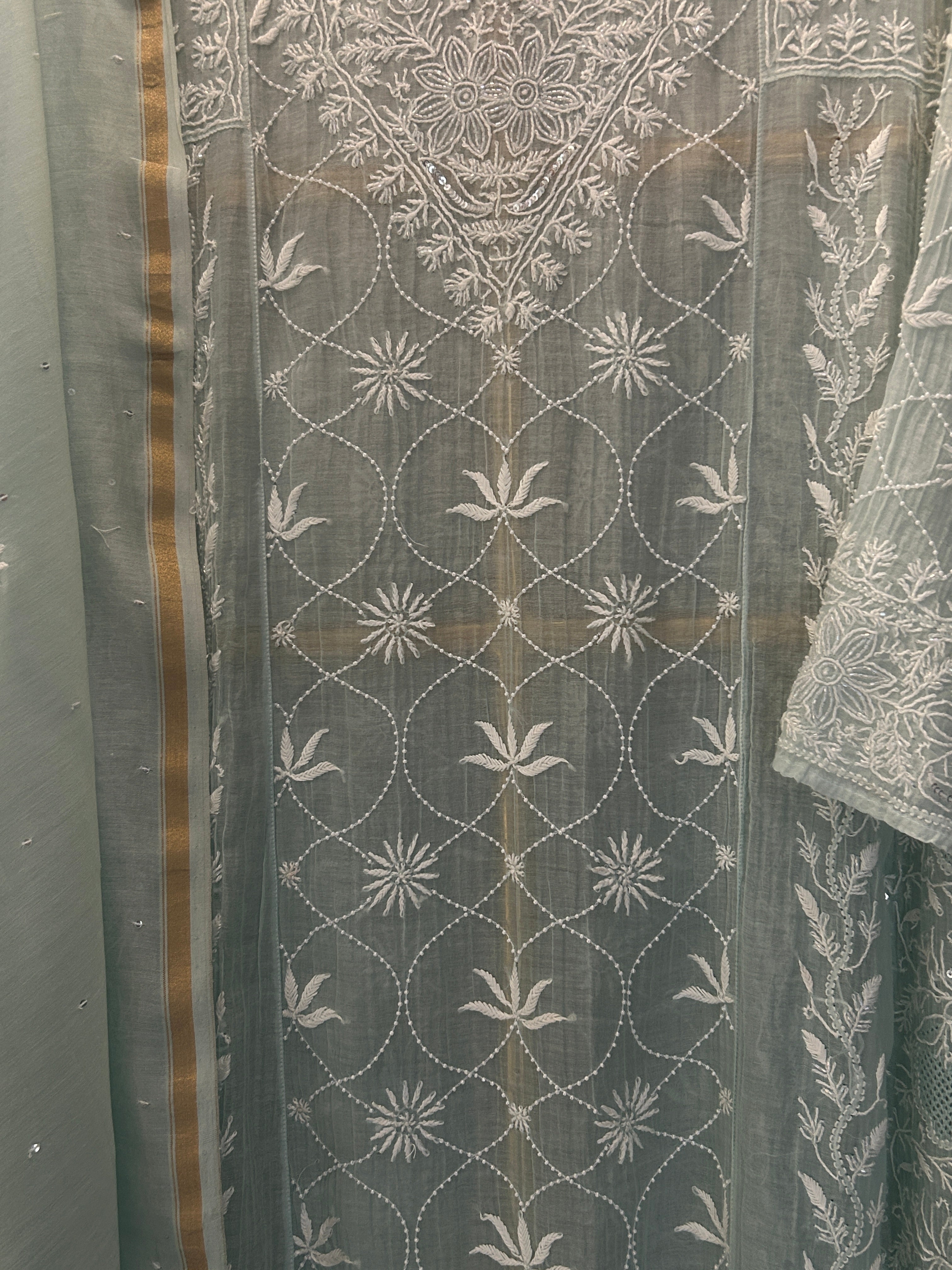 Blue Mul Chanderi Chikankari Anarkali Set