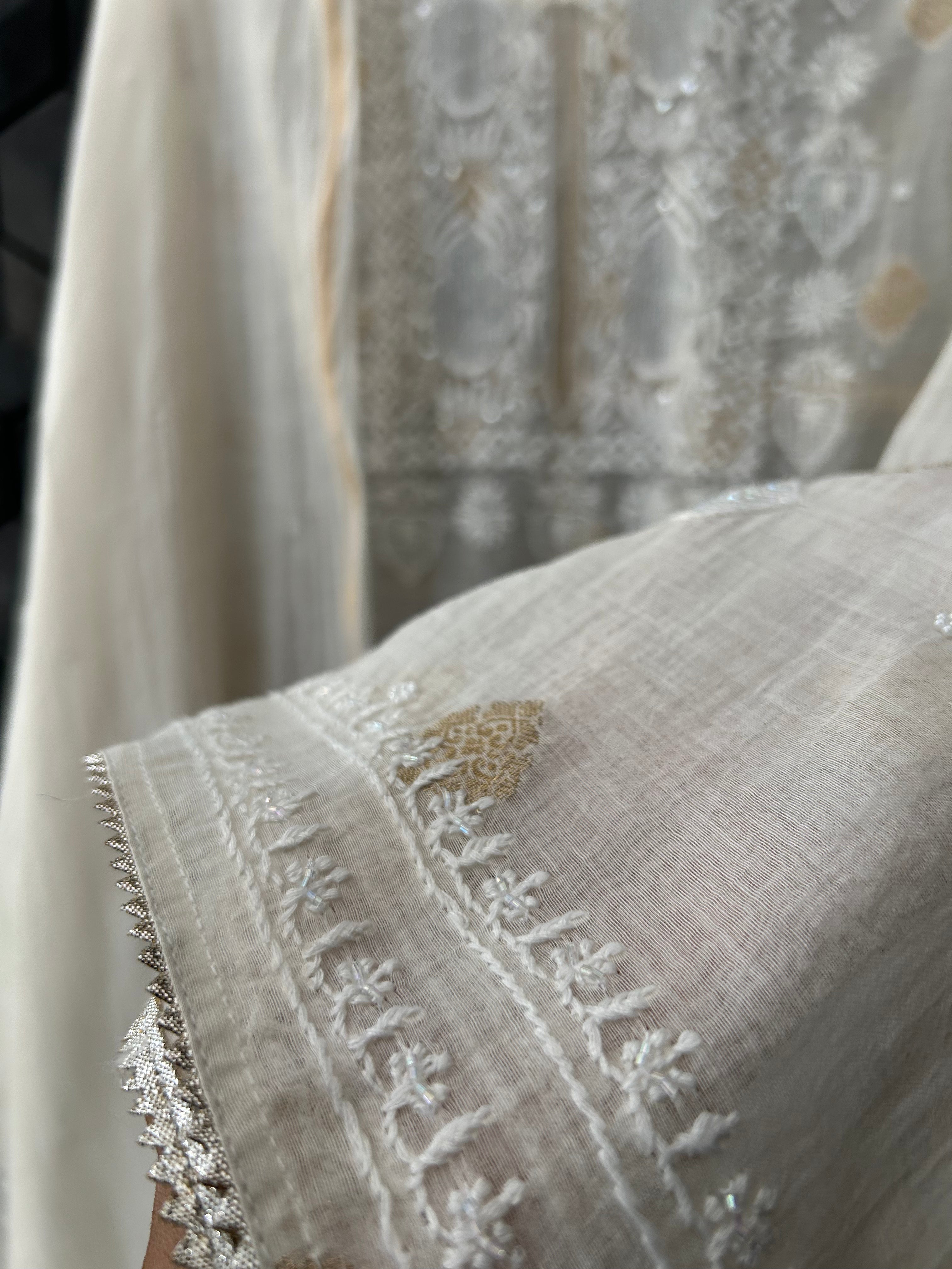 White Mul Chanderi Chikankari Kurta Set