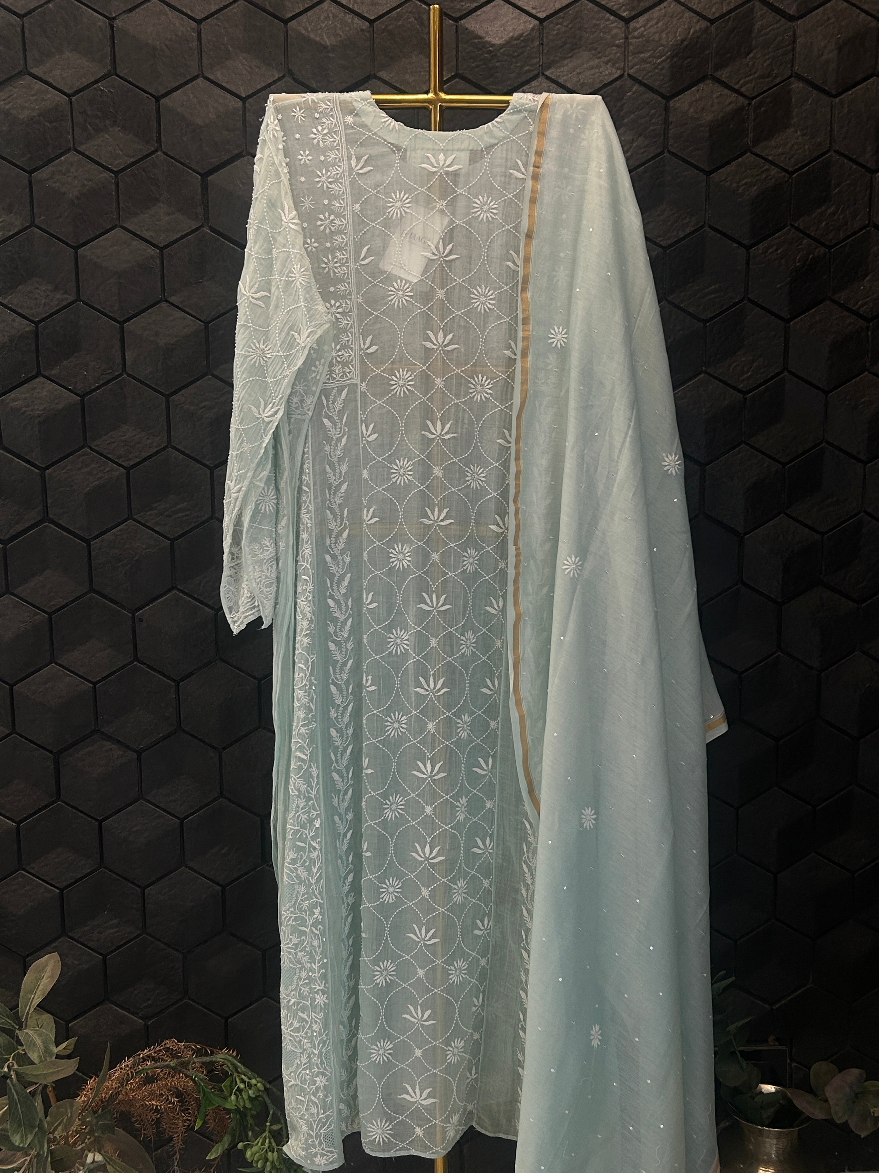 Blue Mul Chanderi Chikankari Anarkali Set
