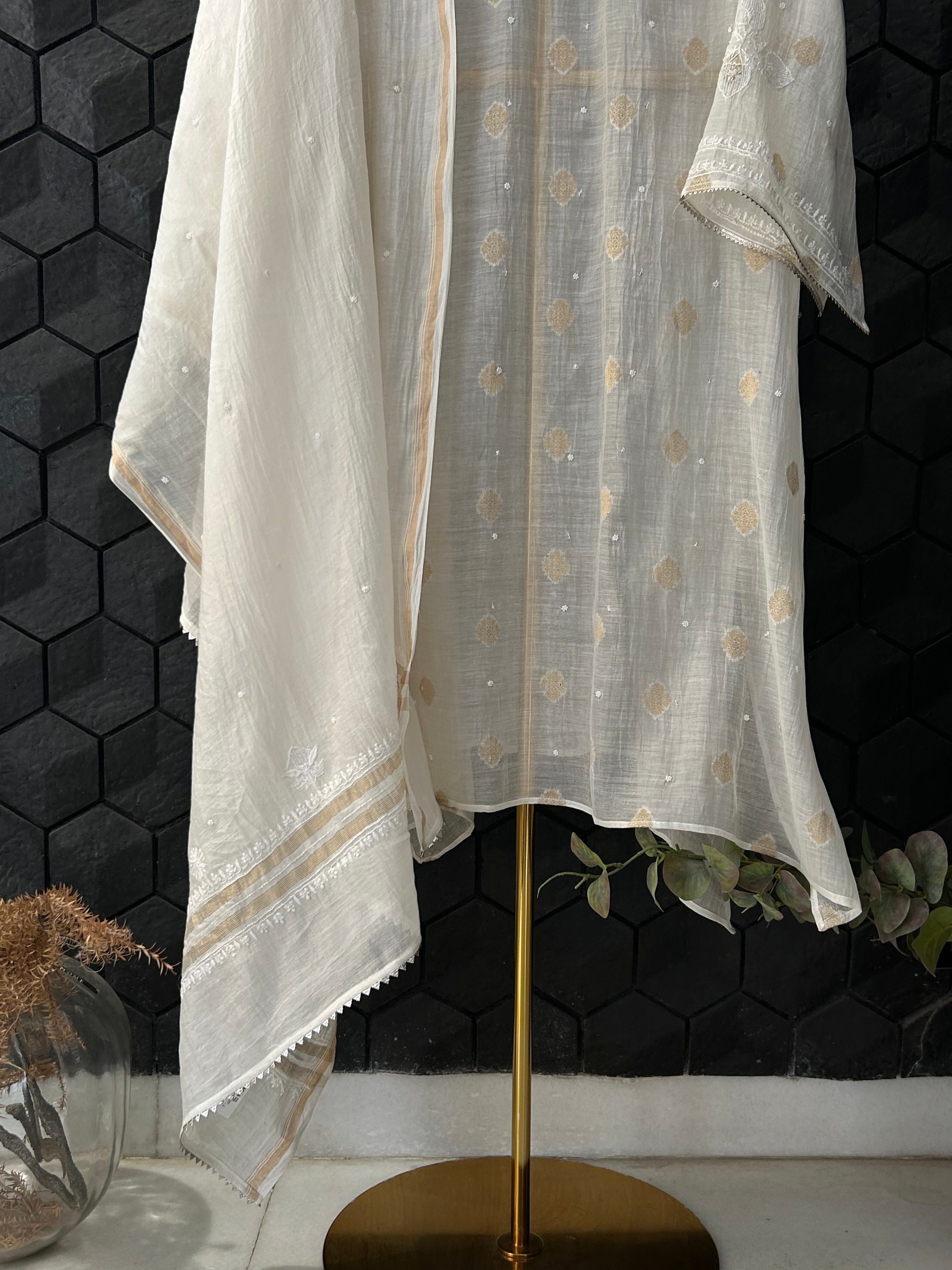 White Mul Chanderi Chikankari Kurta Set