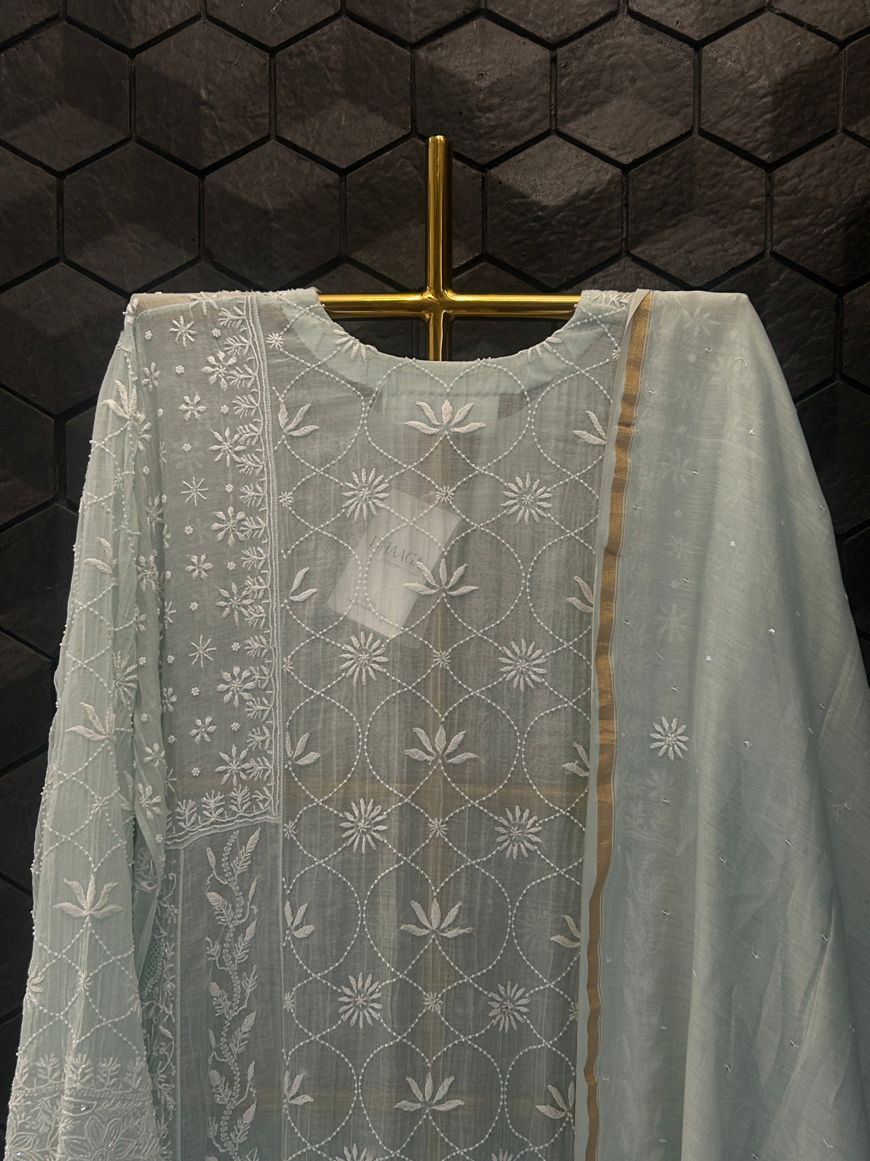 Blue Mul Chanderi Chikankari Anarkali Set