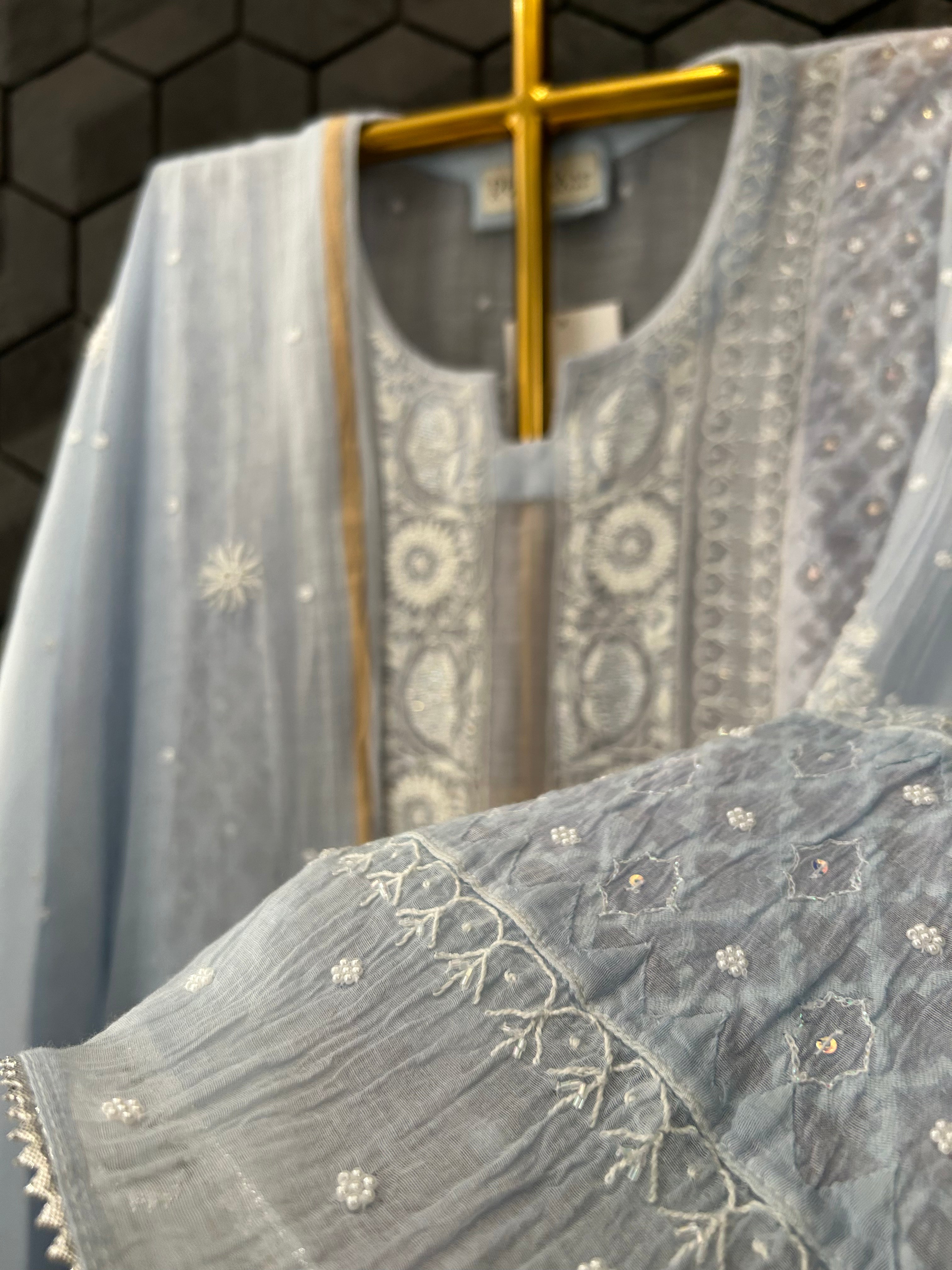 Sky Blue Mul Chanderi Chikankari Kurta Set