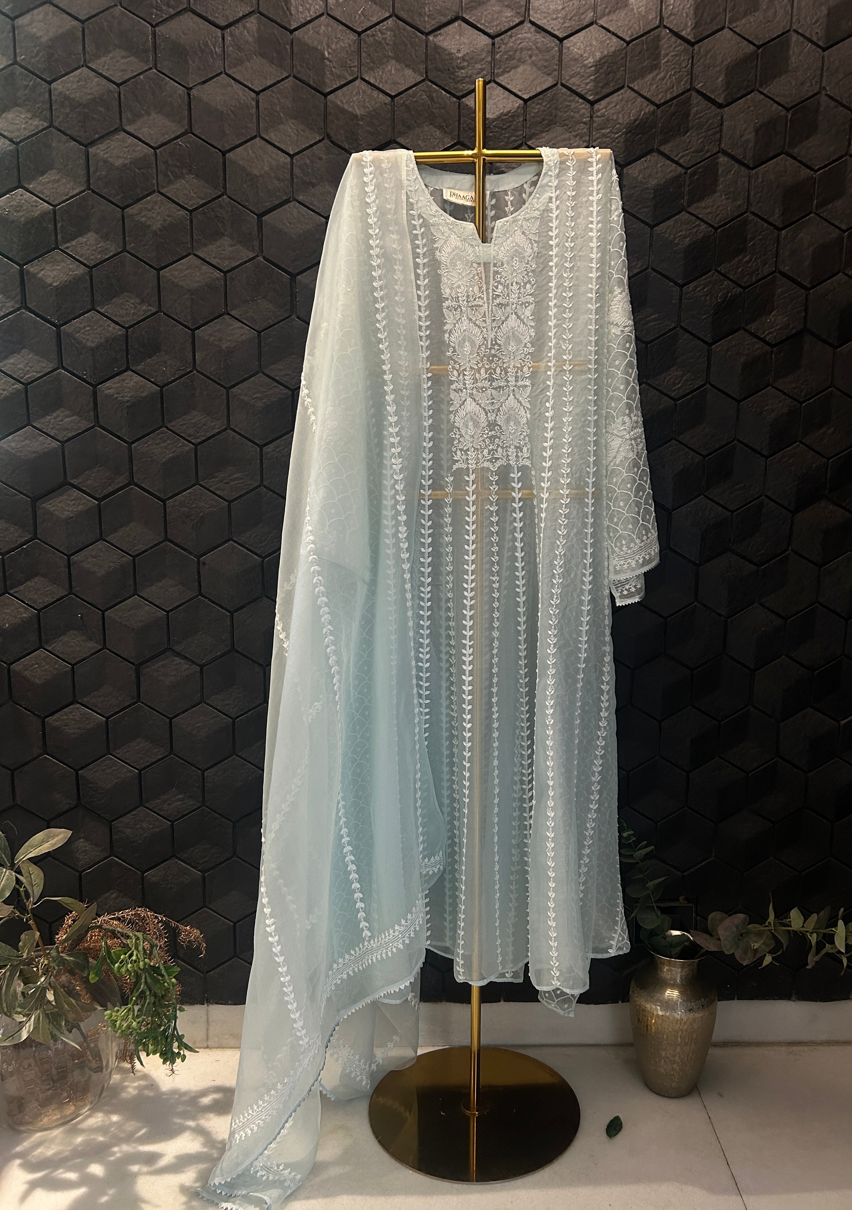 Blue Organza Chikankari Anarkali Set
