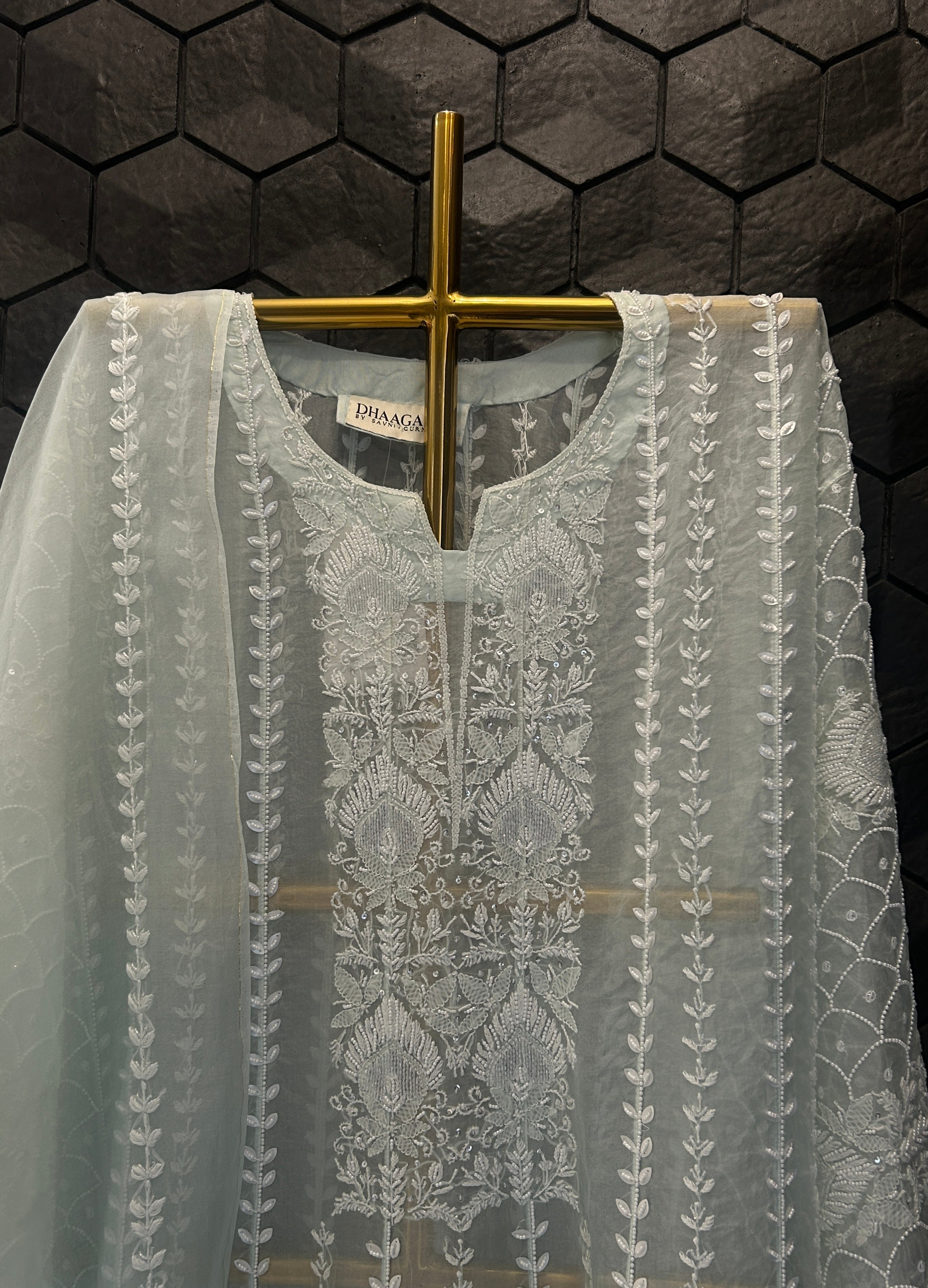 Blue Organza Chikankari Anarkali Set