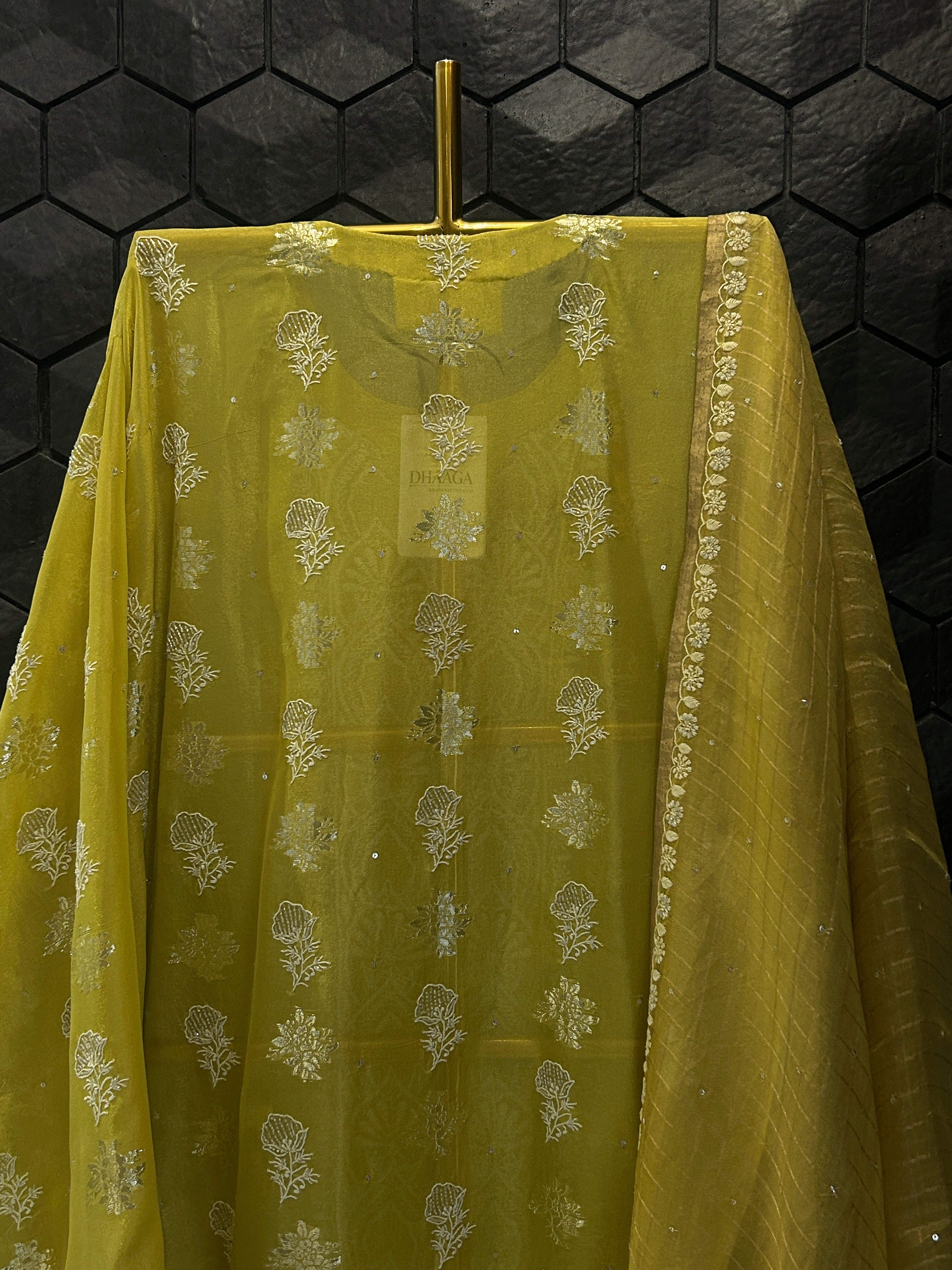 Green Shimmer Organza Chikankari Kurta Set