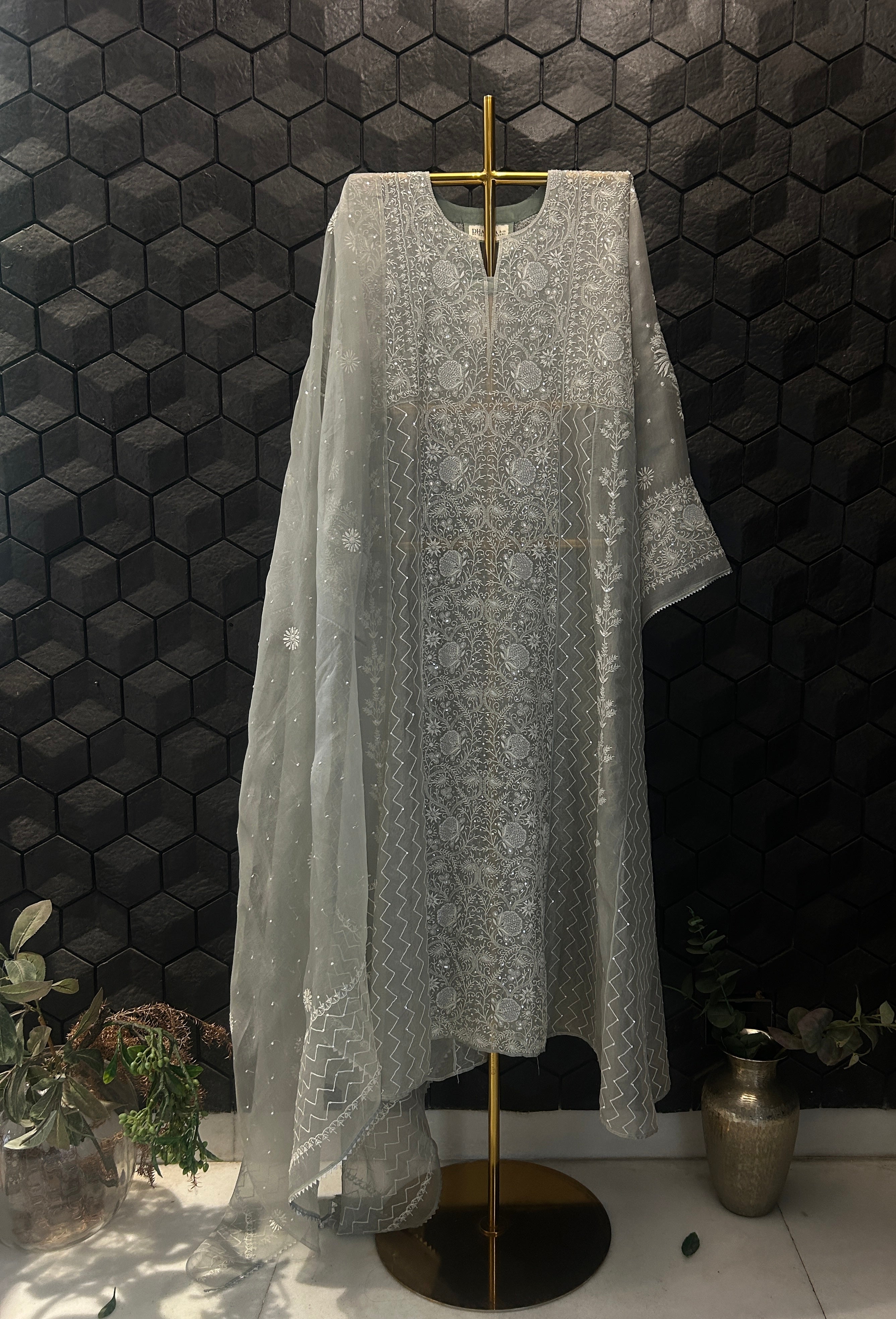 Green Organza Chikankari Anarkali Set