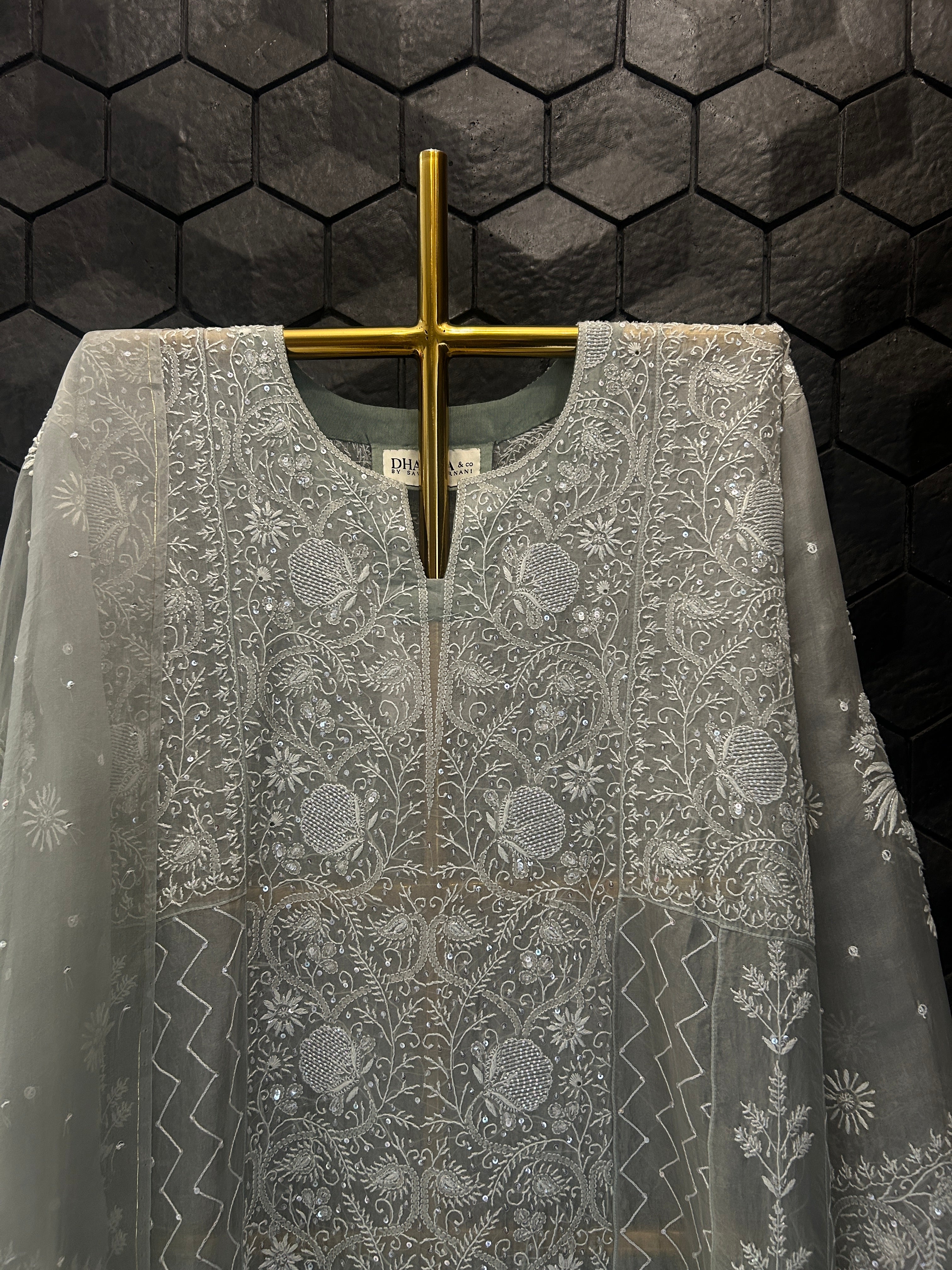 Green Organza Chikankari Anarkali Set