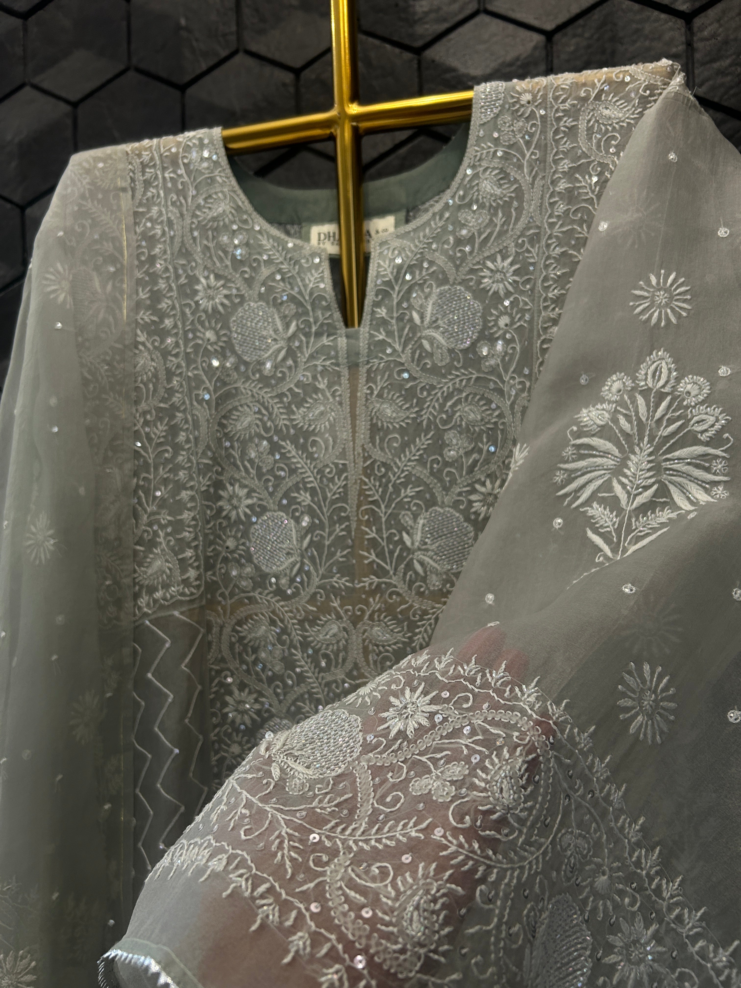 Green Organza Chikankari Anarkali Set