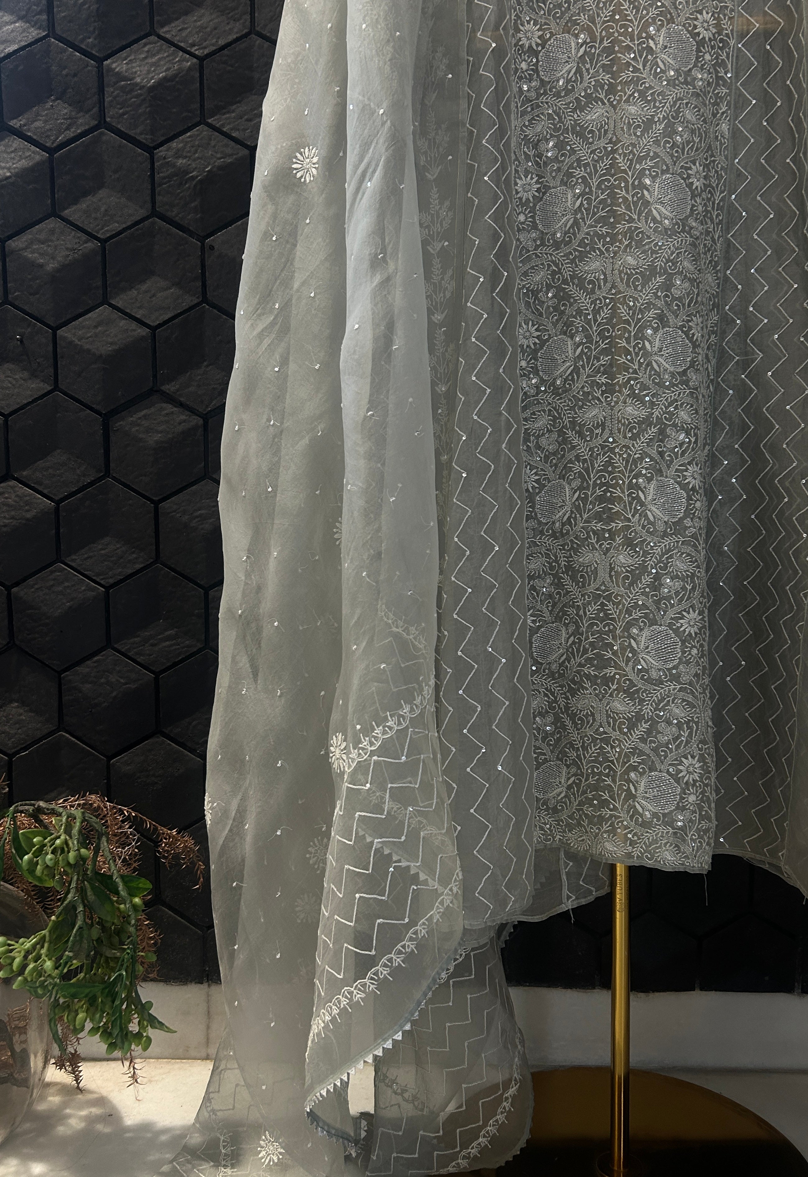 Green Organza Chikankari Anarkali Set