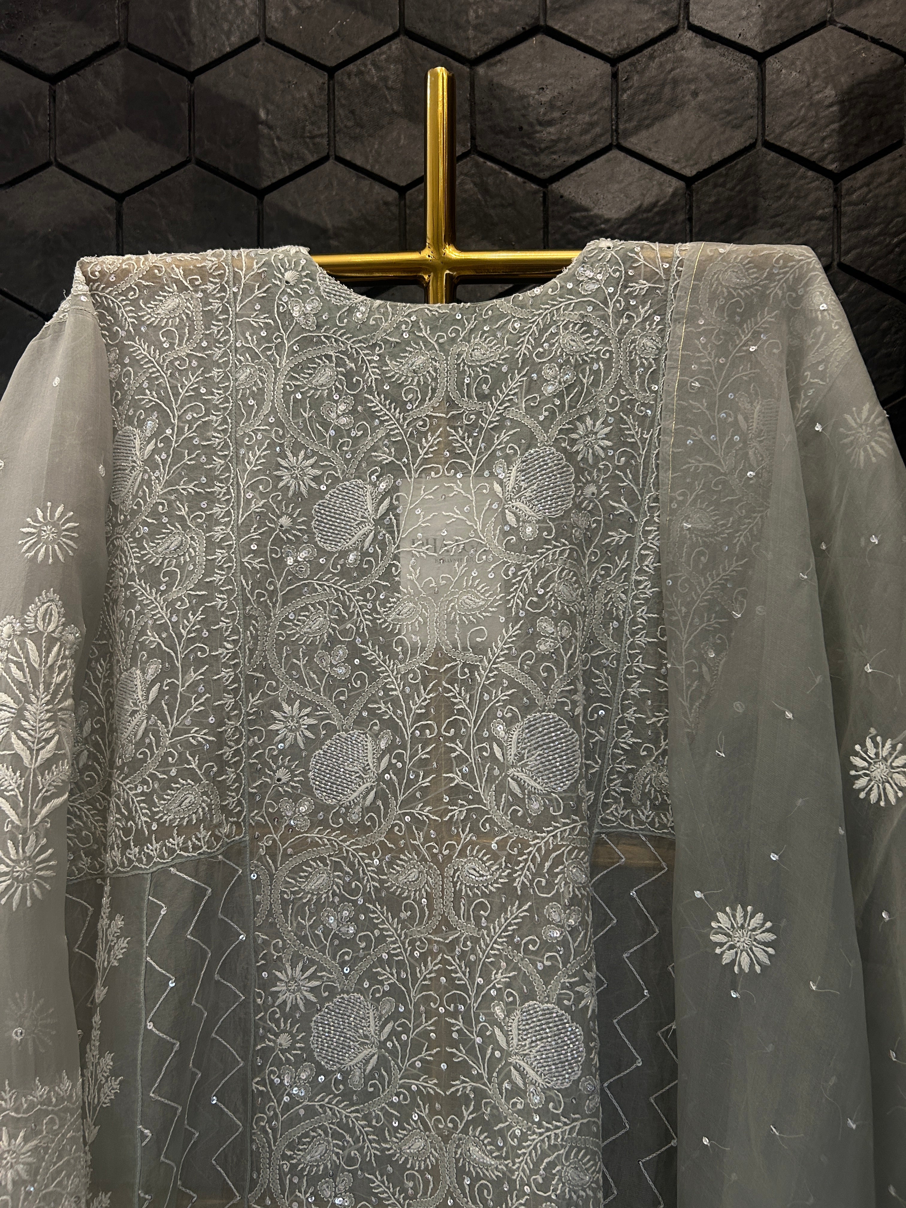 Green Organza Chikankari Anarkali Set