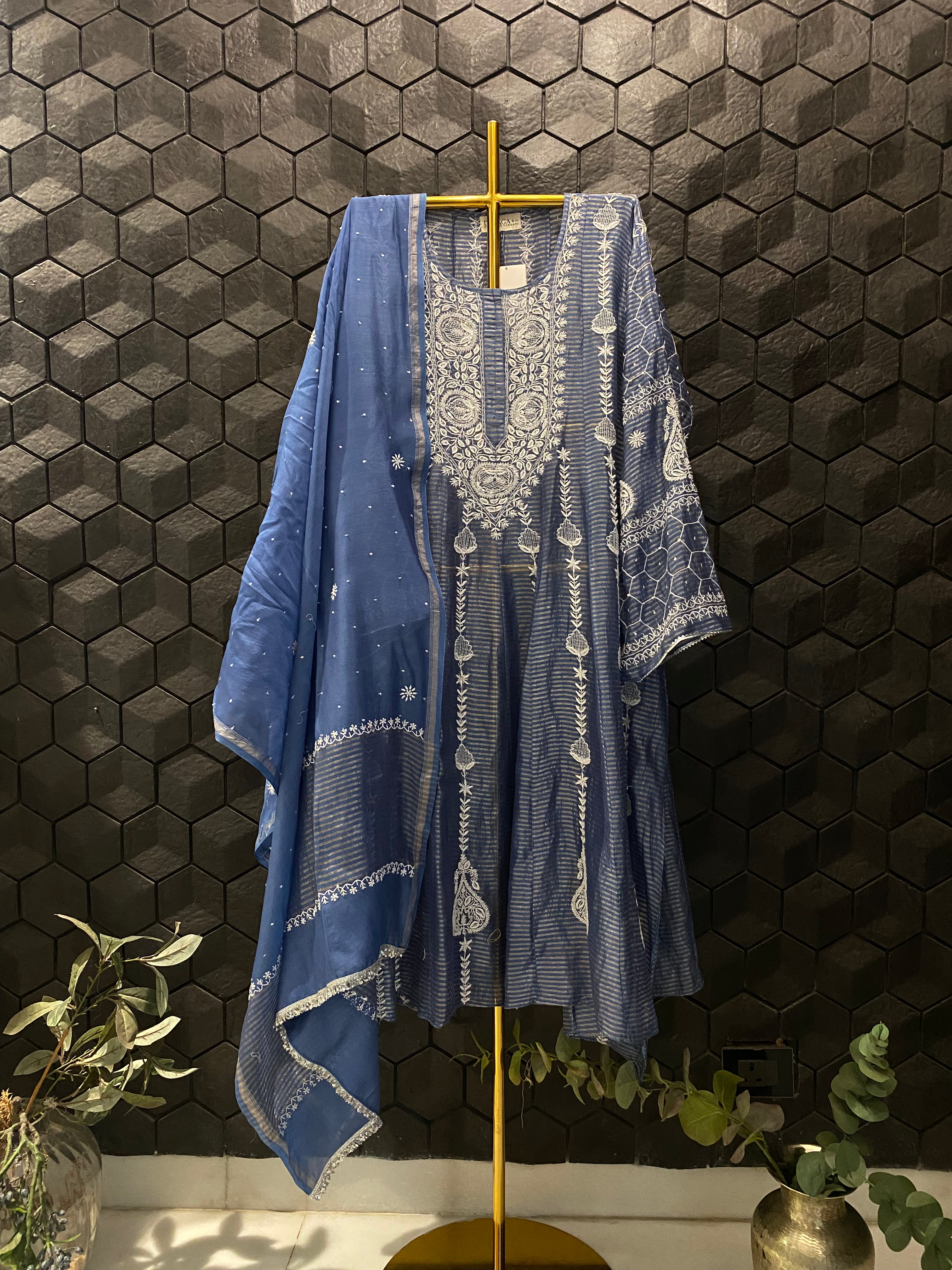 Cobalt blue Striped Tissue Chikankari Anarkali Set