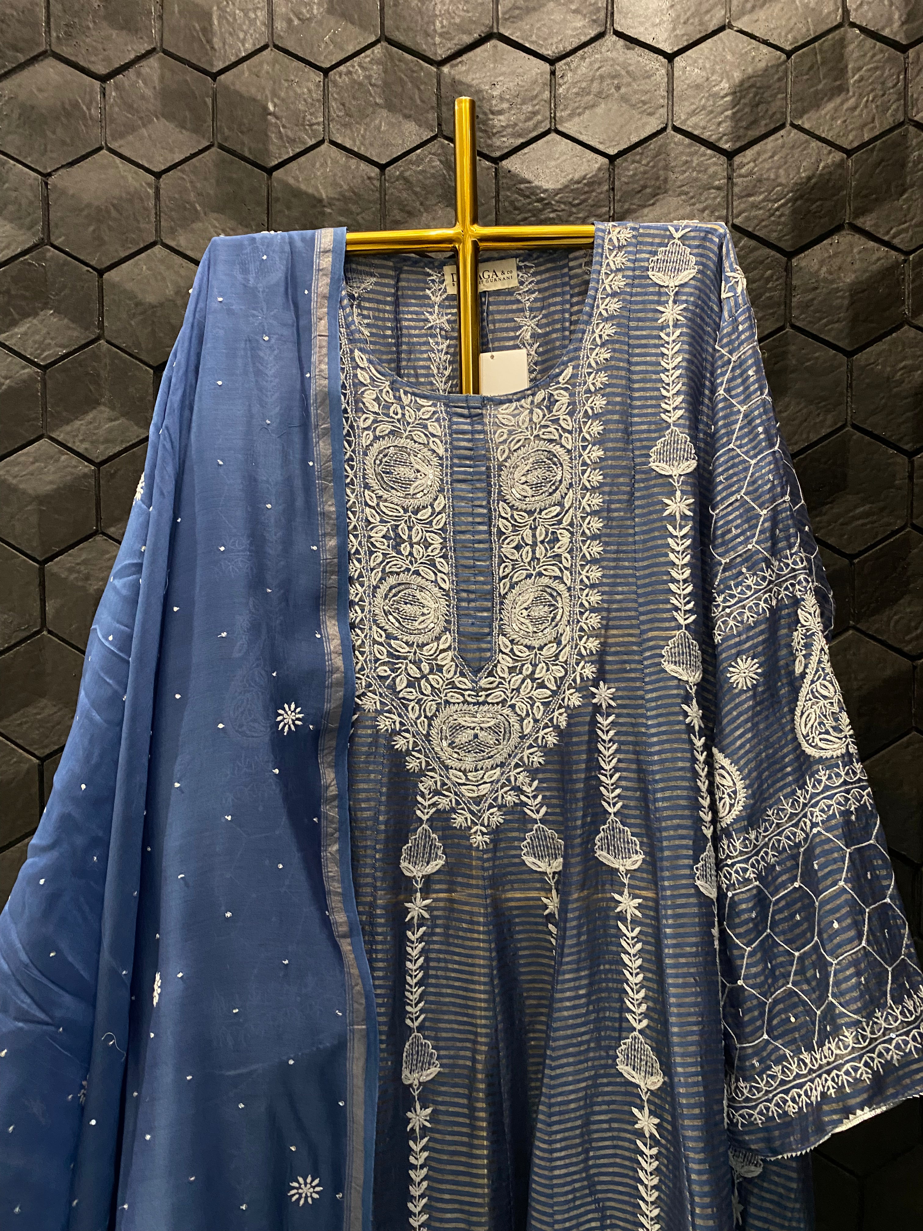 Cobalt blue Striped Tissue Chikankari Anarkali Set