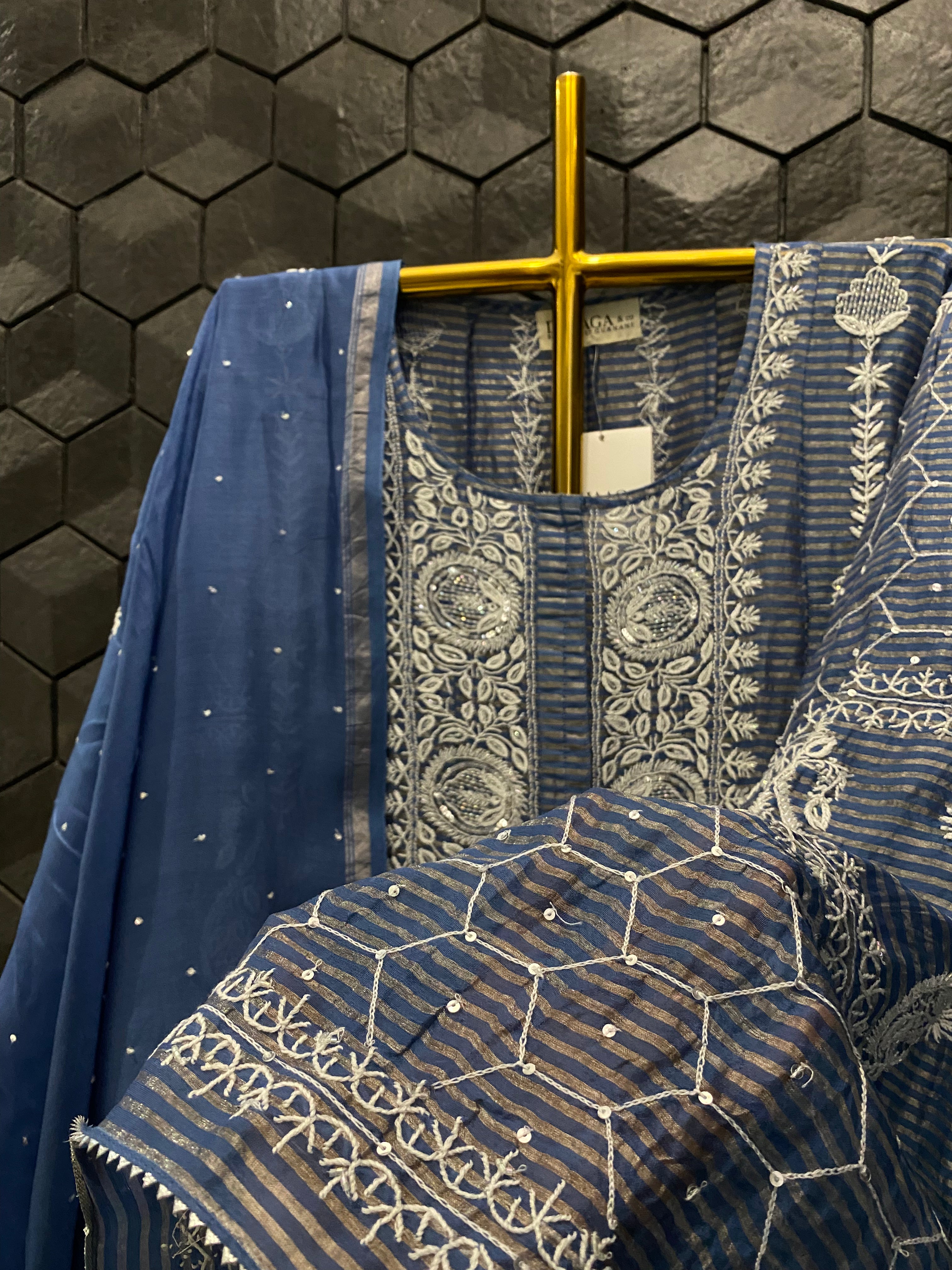 Cobalt blue Striped Tissue Chikankari Anarkali Set