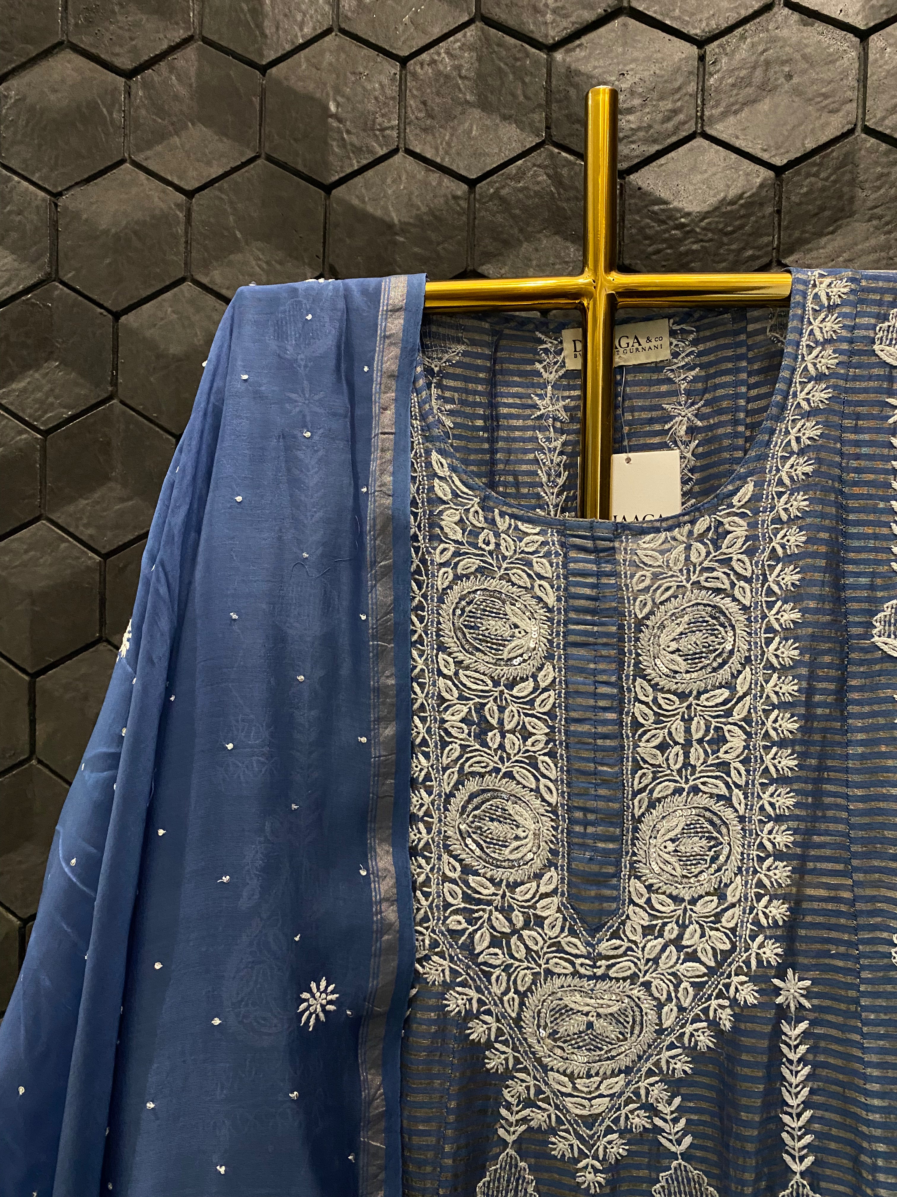Cobalt blue Striped Tissue Chikankari Anarkali Set