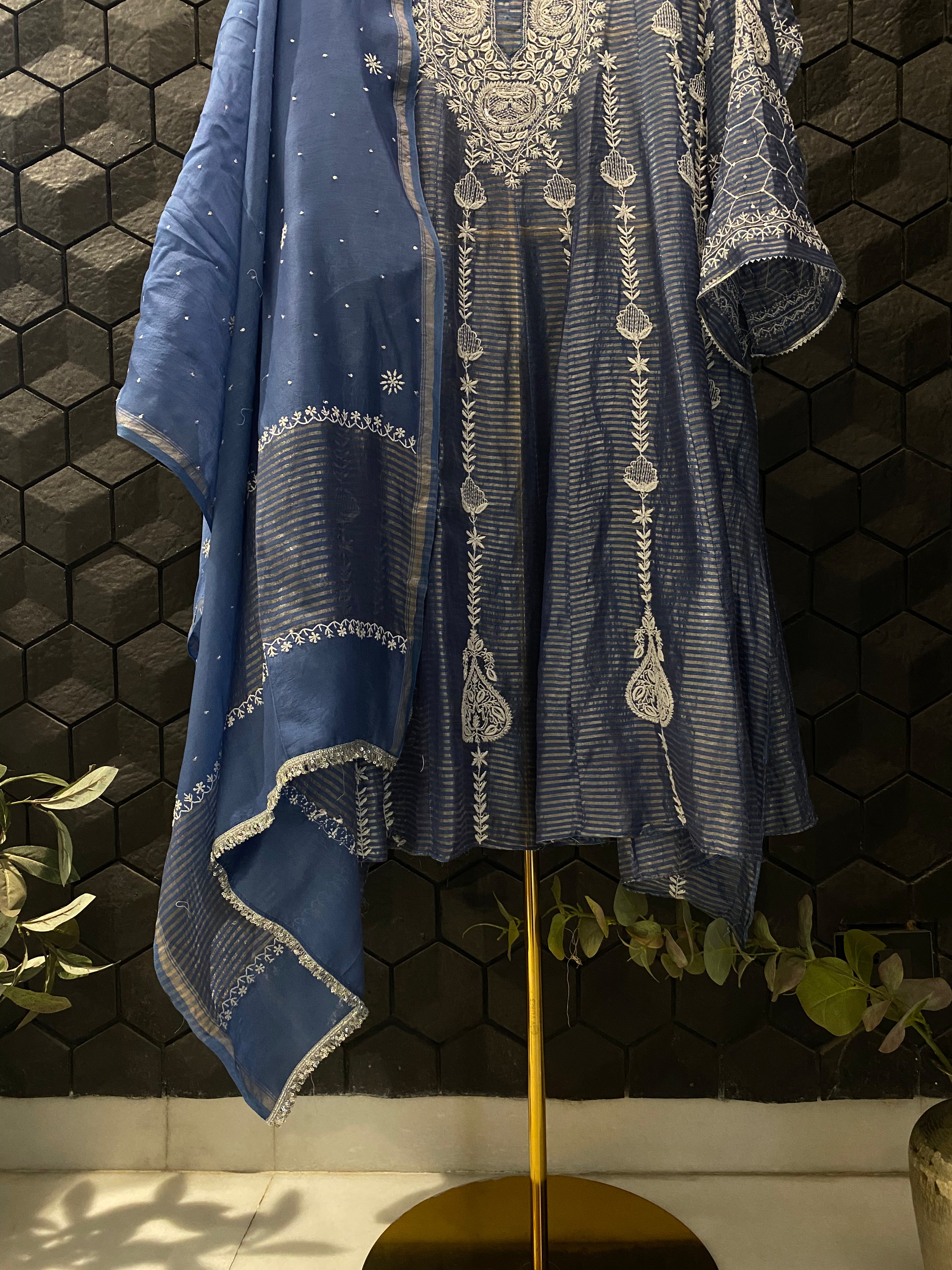 Cobalt blue Striped Tissue Chikankari Anarkali Set