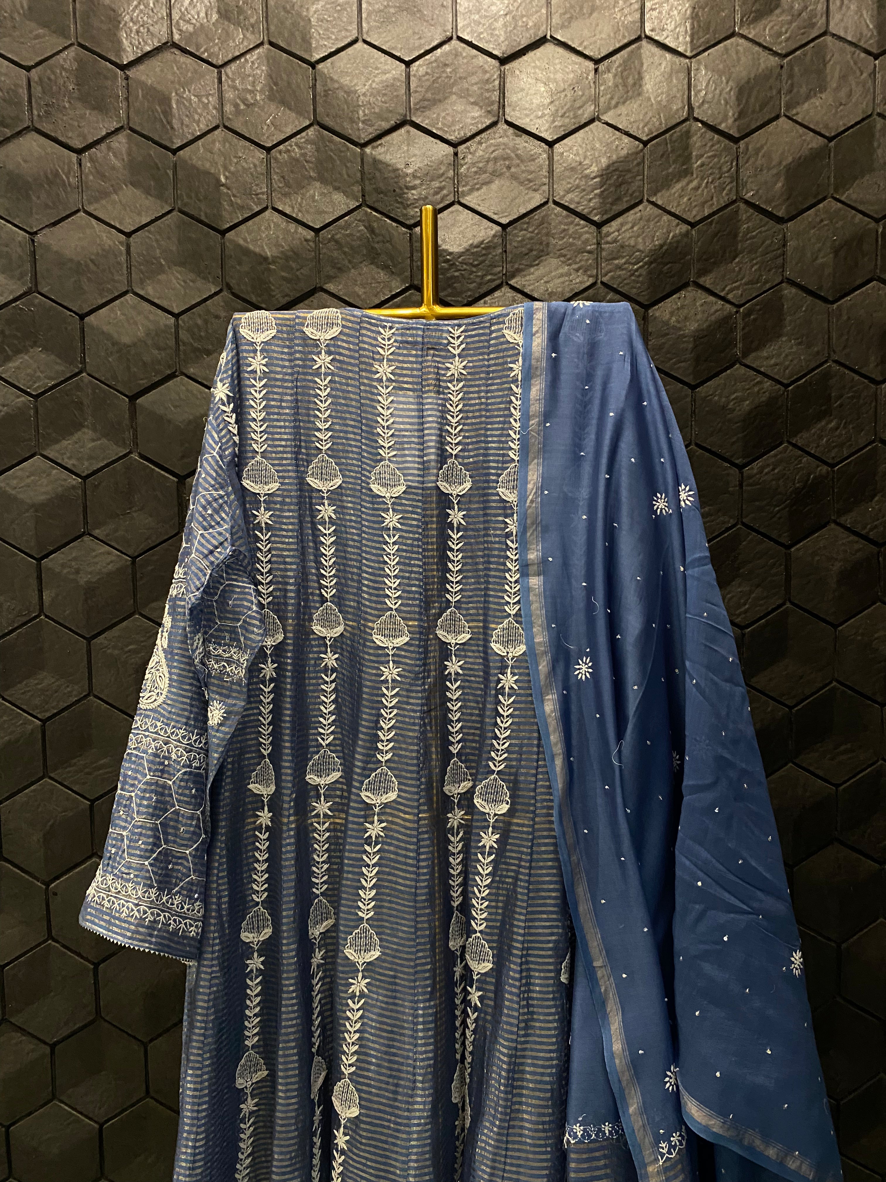 Cobalt blue Striped Tissue Chikankari Anarkali Set