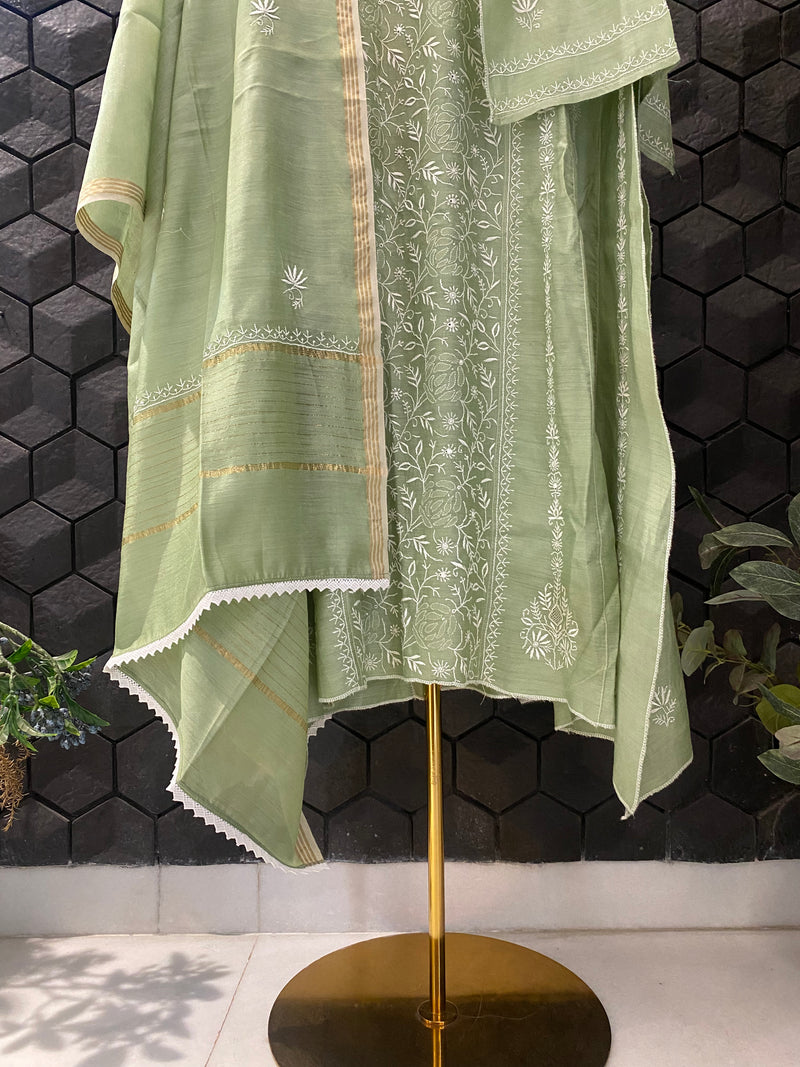 Sage Green Munga Silk Chikankari Kurta Set