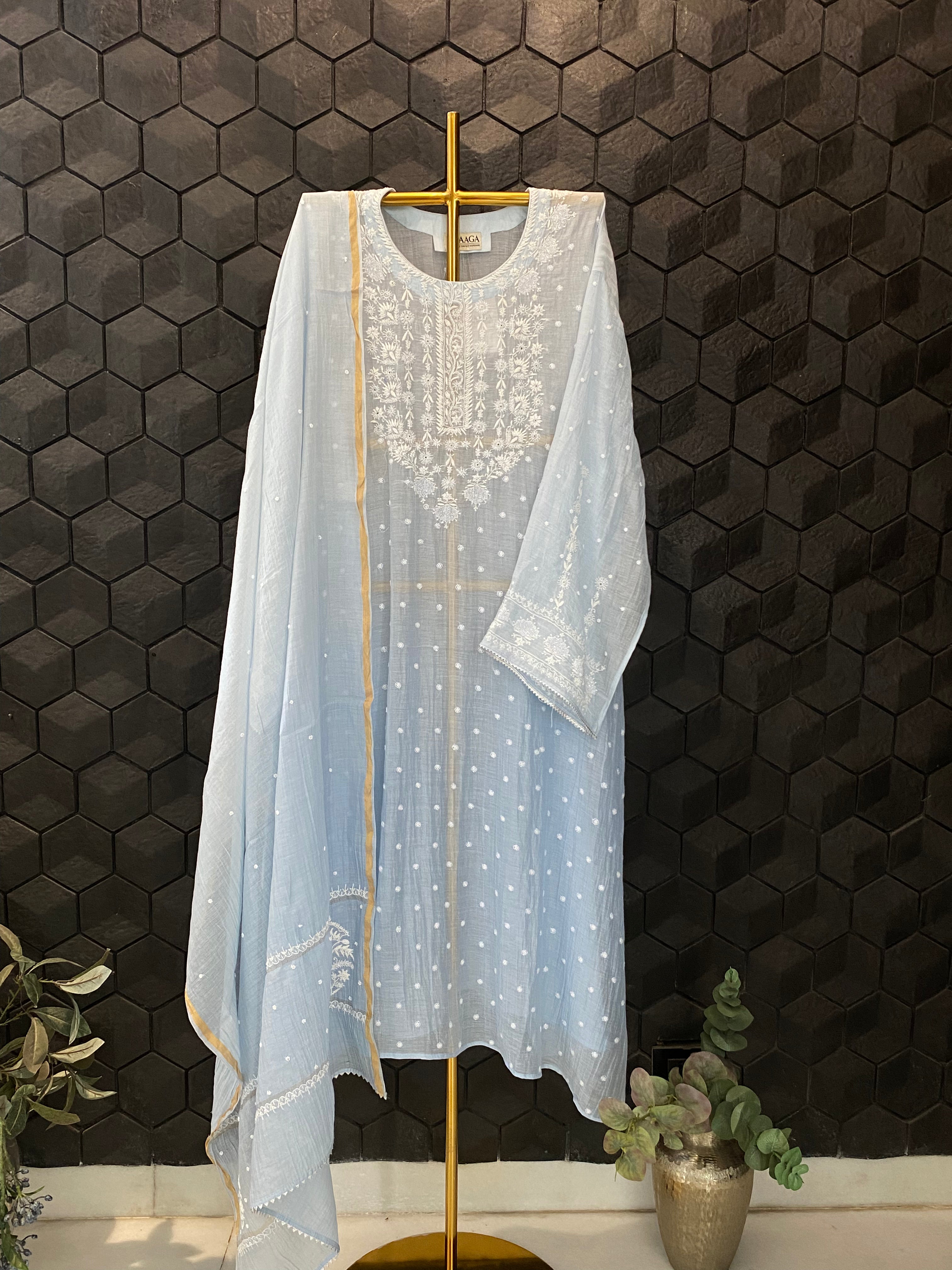Blue Mul Chanderi chikankari kurta set