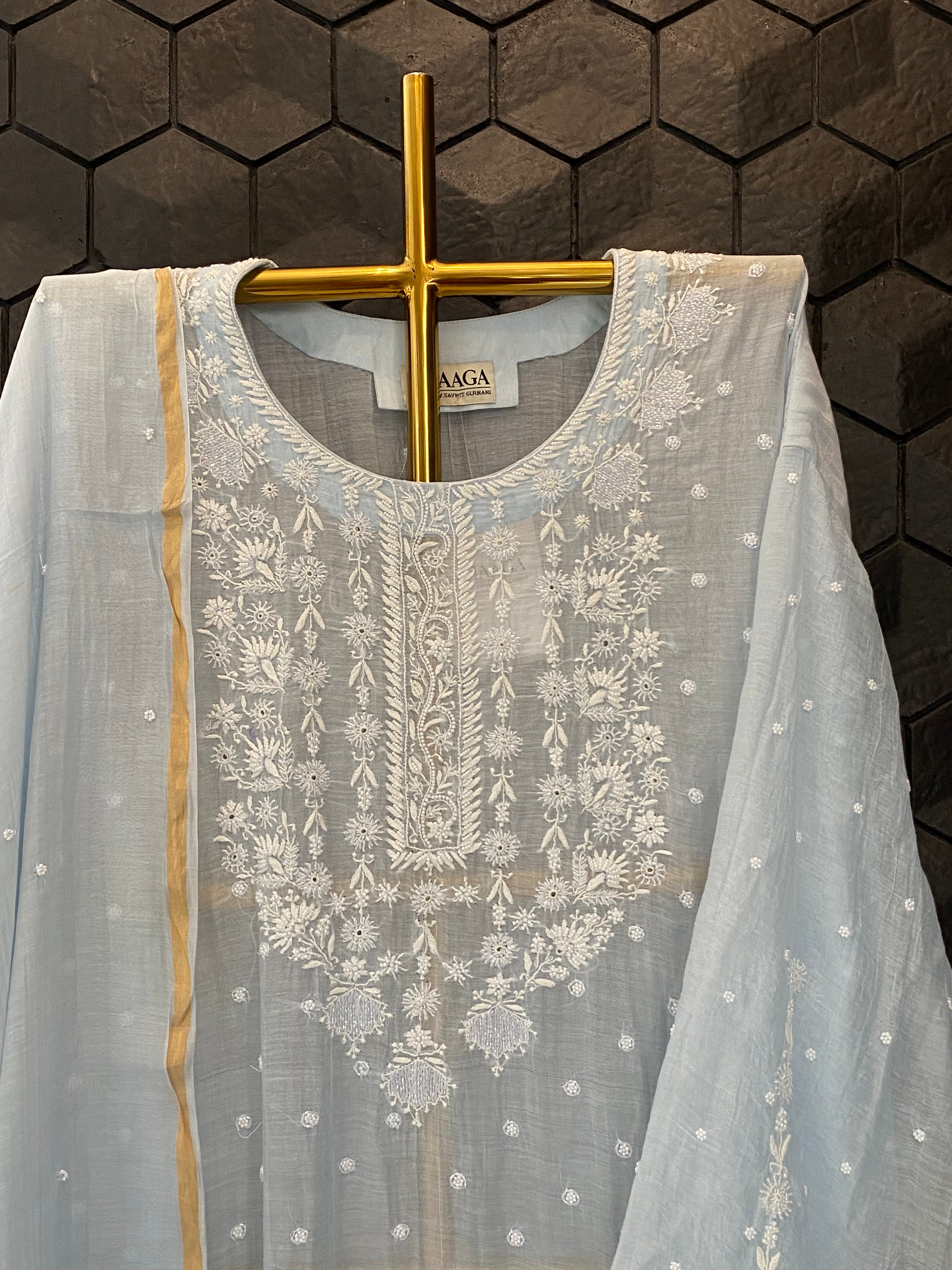 Blue Mul Chanderi chikankari kurta set